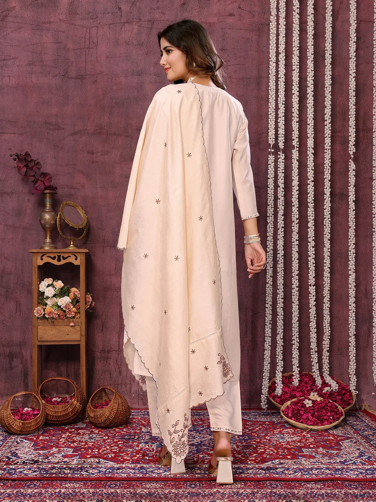 Buy Viscose Blend Embroidered Calf Length Kurta with Pant and Dupatta-Cream