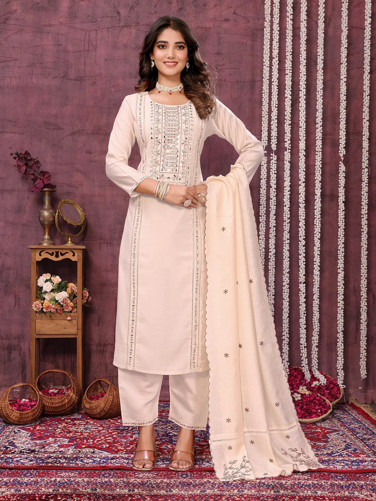 Buy Viscose Blend Embroidered Calf Length Kurta with Pant and Dupatta-Cream