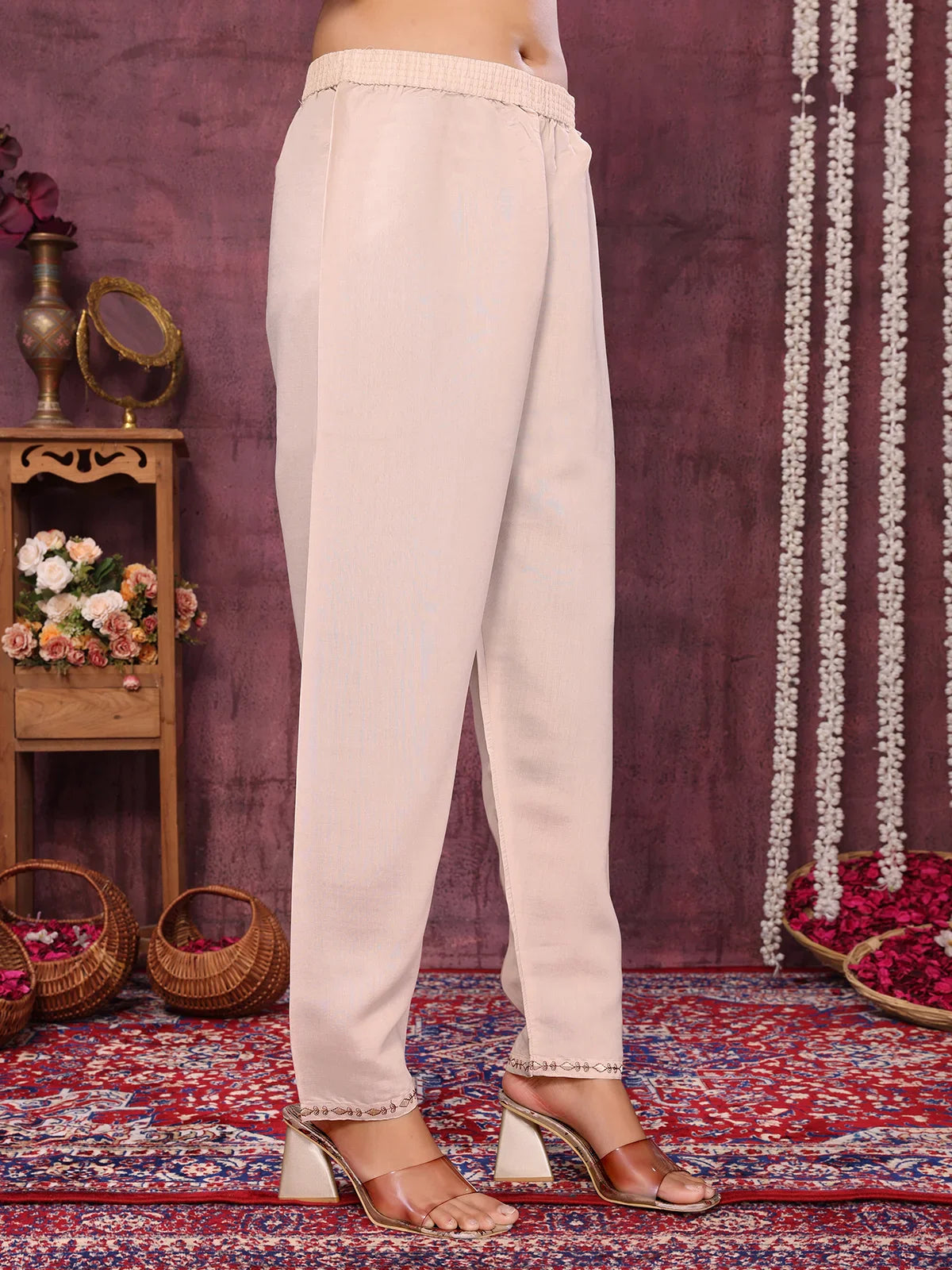 Buy Viscose Blend Embroidered Calf Length Kurta with Pant and Dupatta-Cream