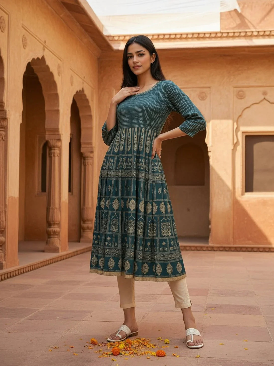 Buy Rayon Embroidered Anarkali Ankle Length Kurta-Teal