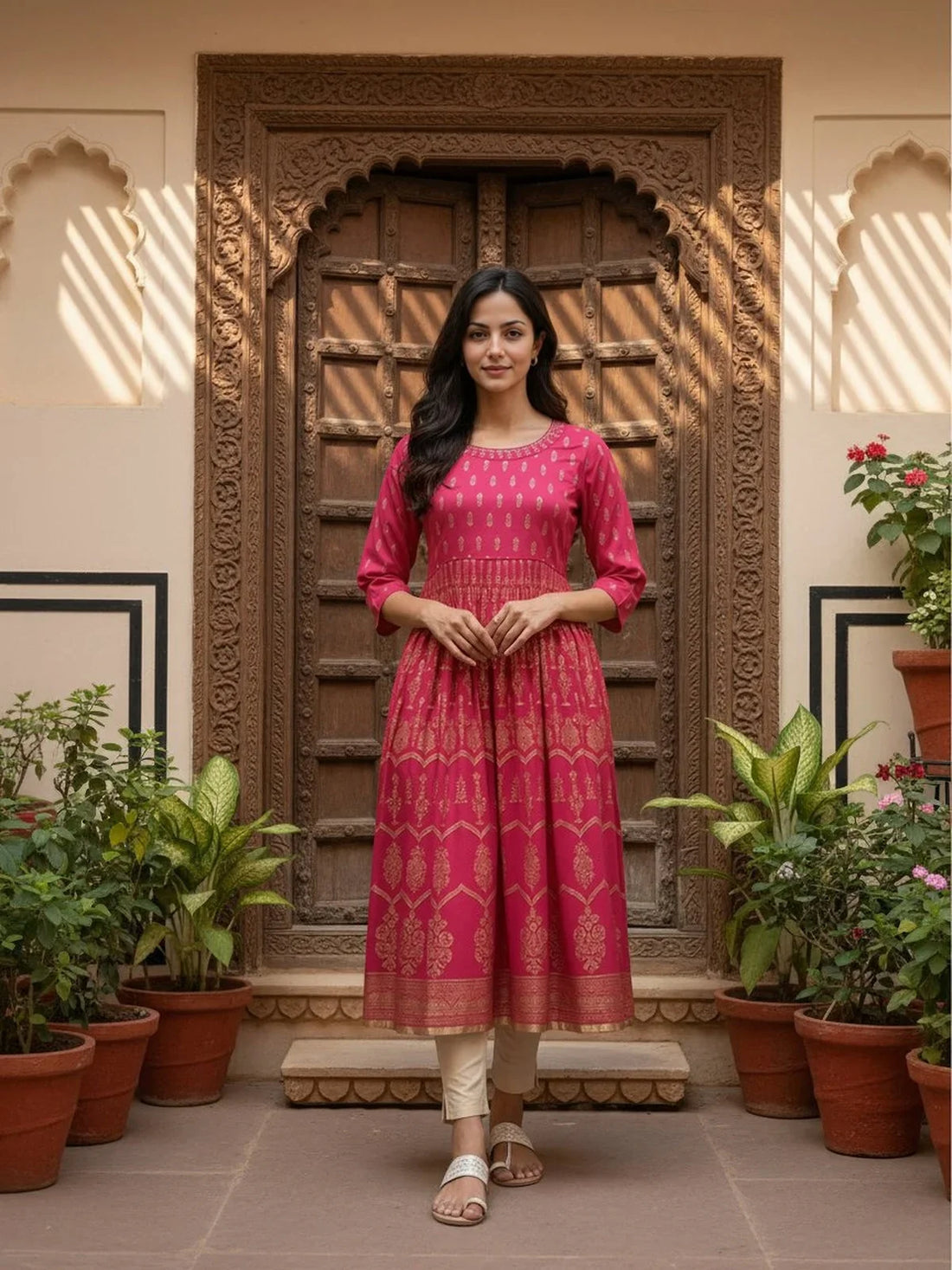 Buy Rayon Embroidered Anarkali Ankle Length Kurta-Pink