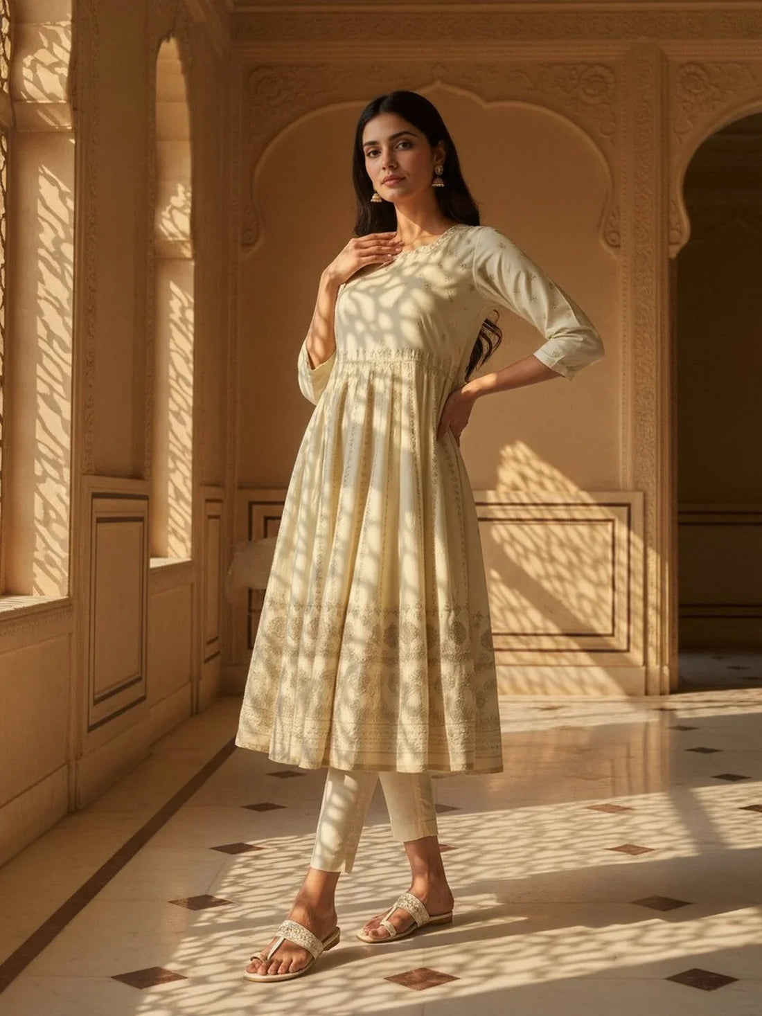 Buy Rayon Embroidered Anarkali Ankle Length Kurta-Cream