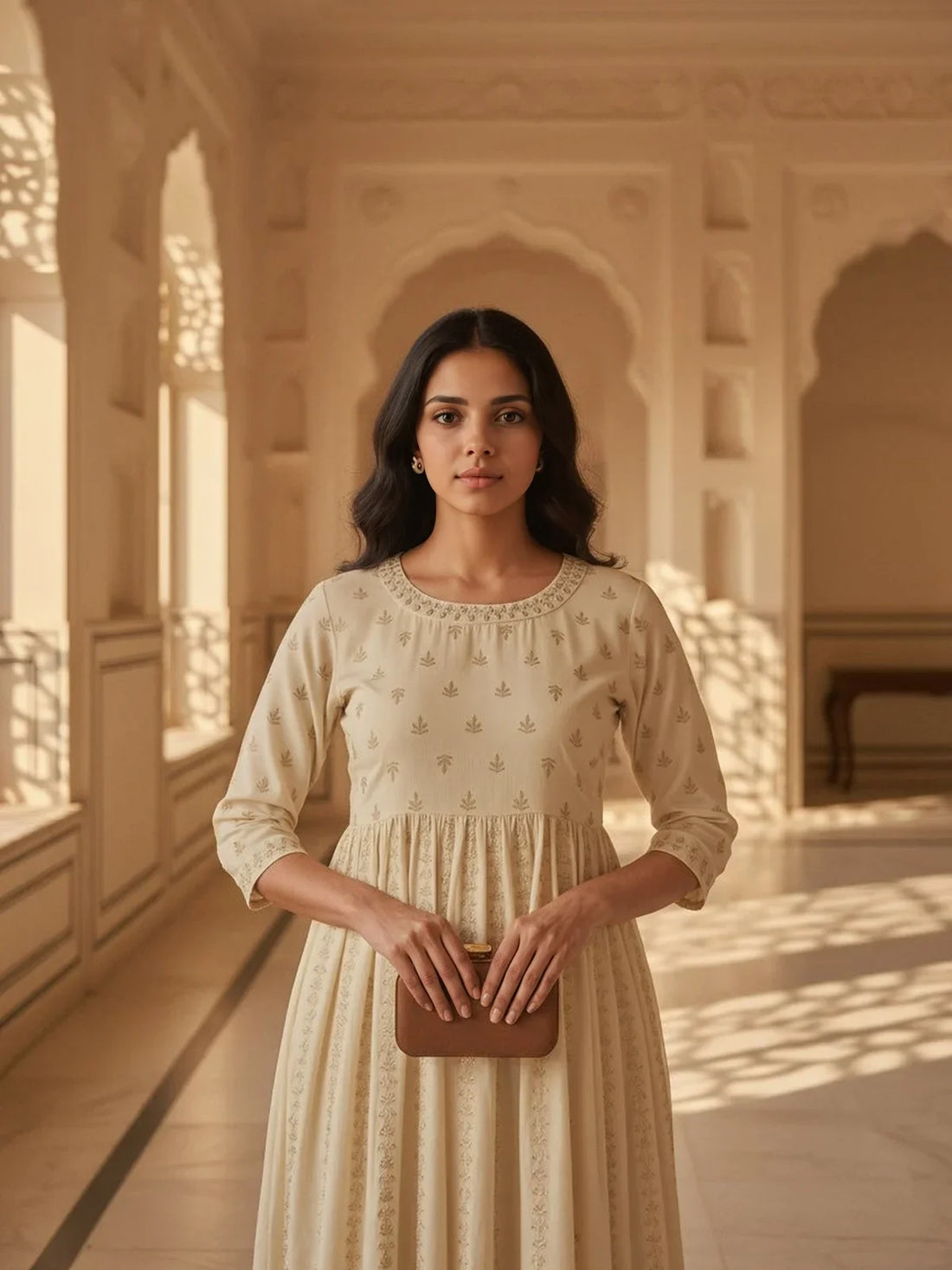 Buy Rayon Embroidered Anarkali Ankle Length Kurta-Cream