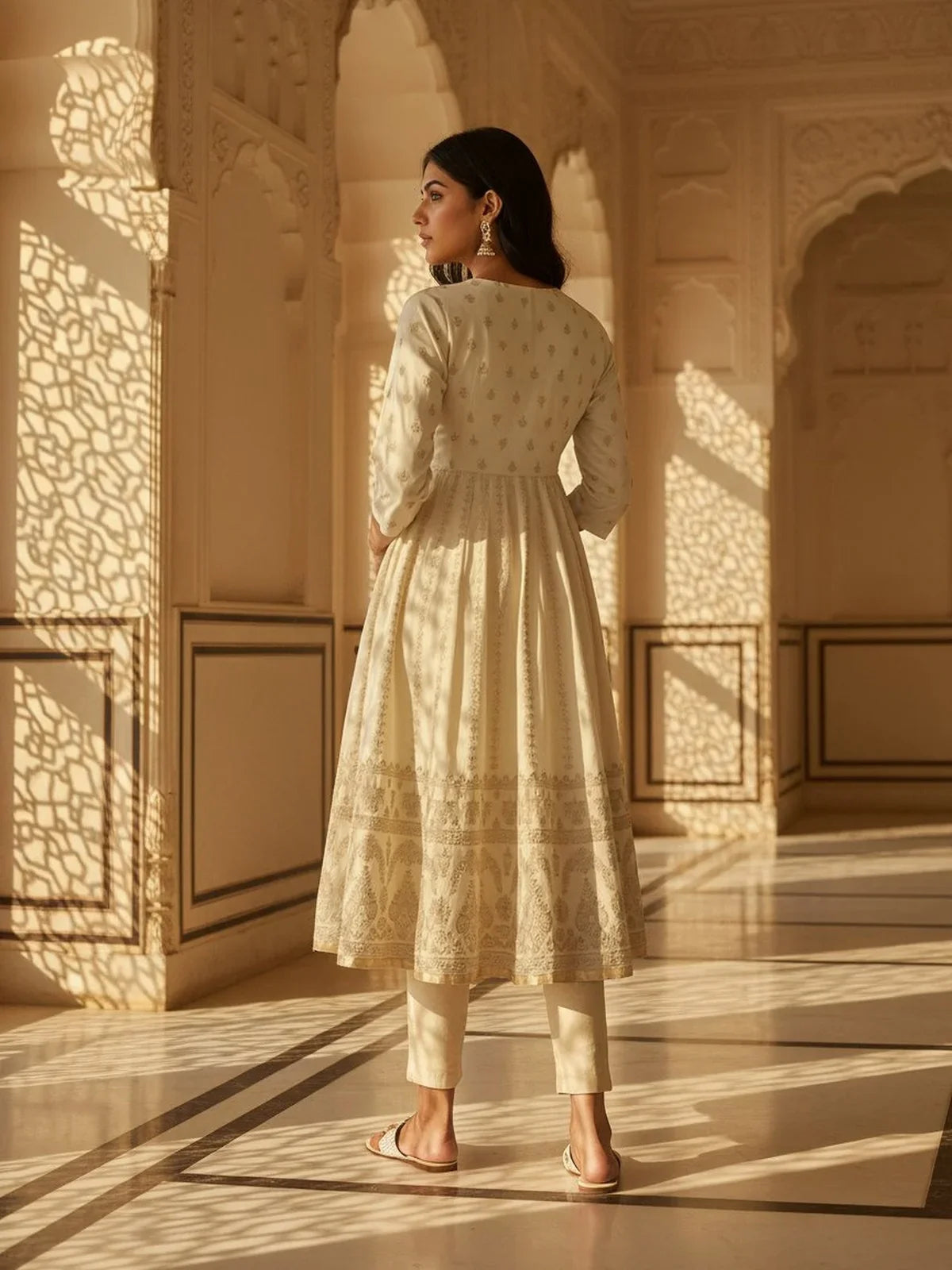 Buy Rayon Embroidered Anarkali Ankle Length Kurta-Cream