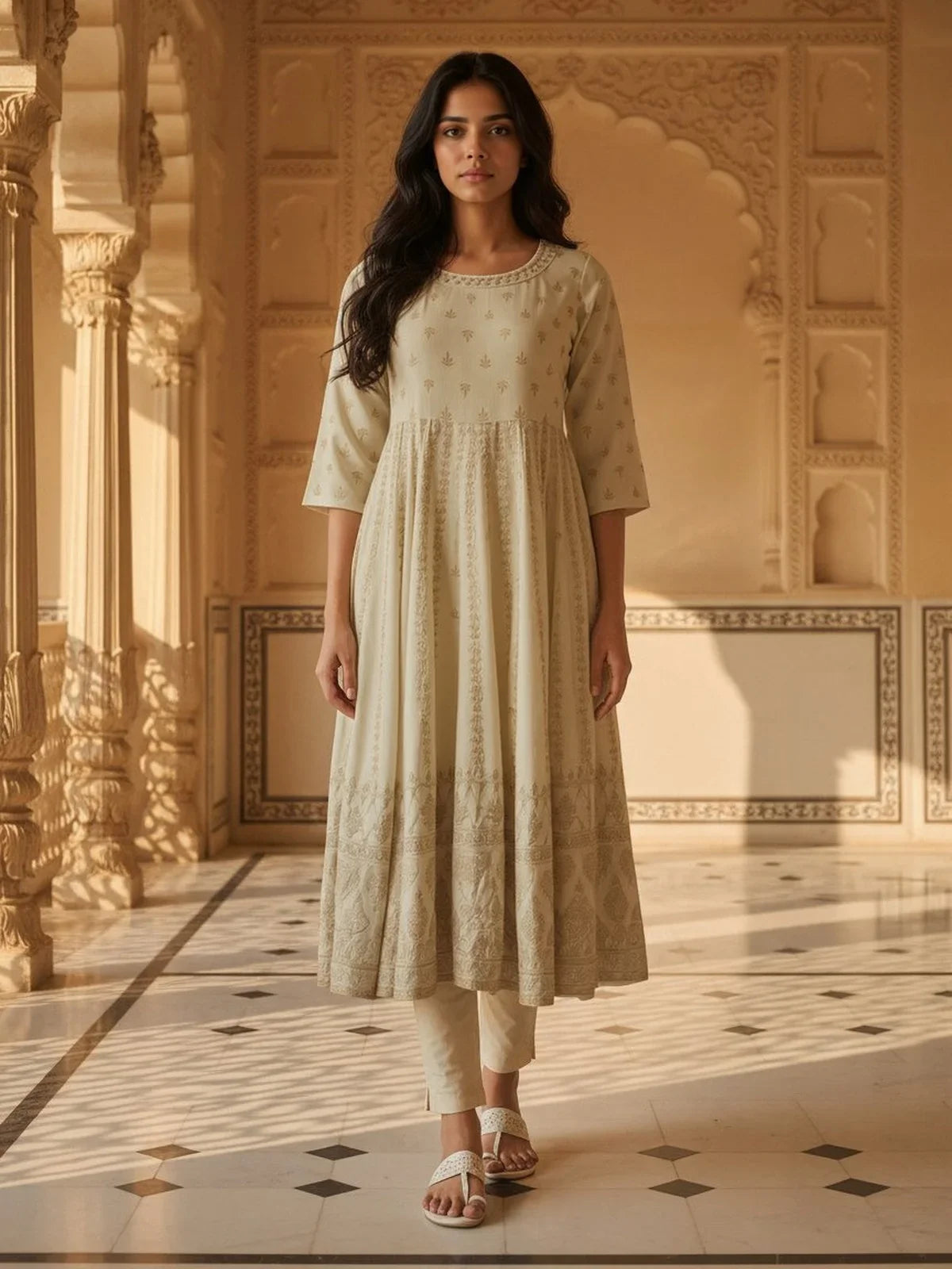Buy Rayon Embroidered Anarkali Ankle Length Kurta-Cream