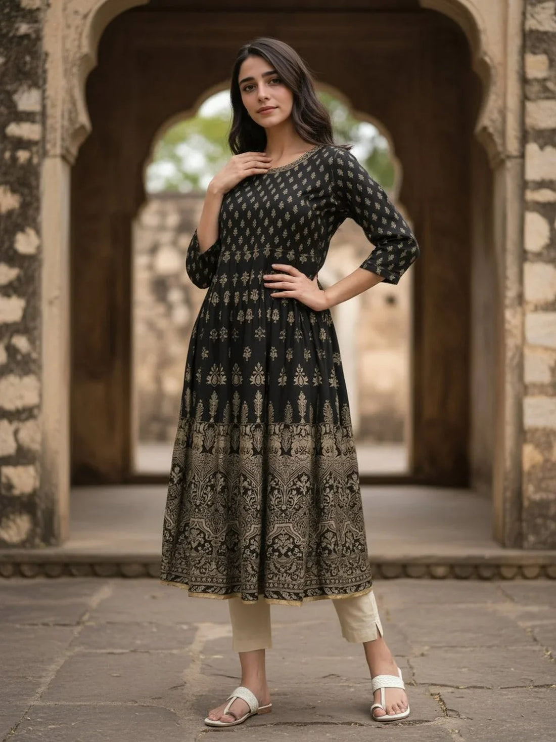 Buy Rayon Embroidered Anarkali Ankle Length Kurta-Black