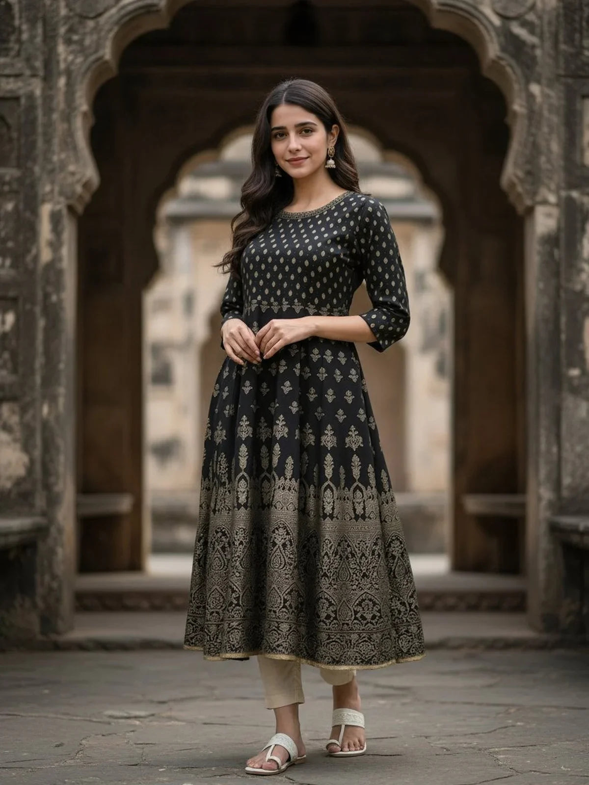 Buy Rayon Embroidered Anarkali Ankle Length Kurta-Black