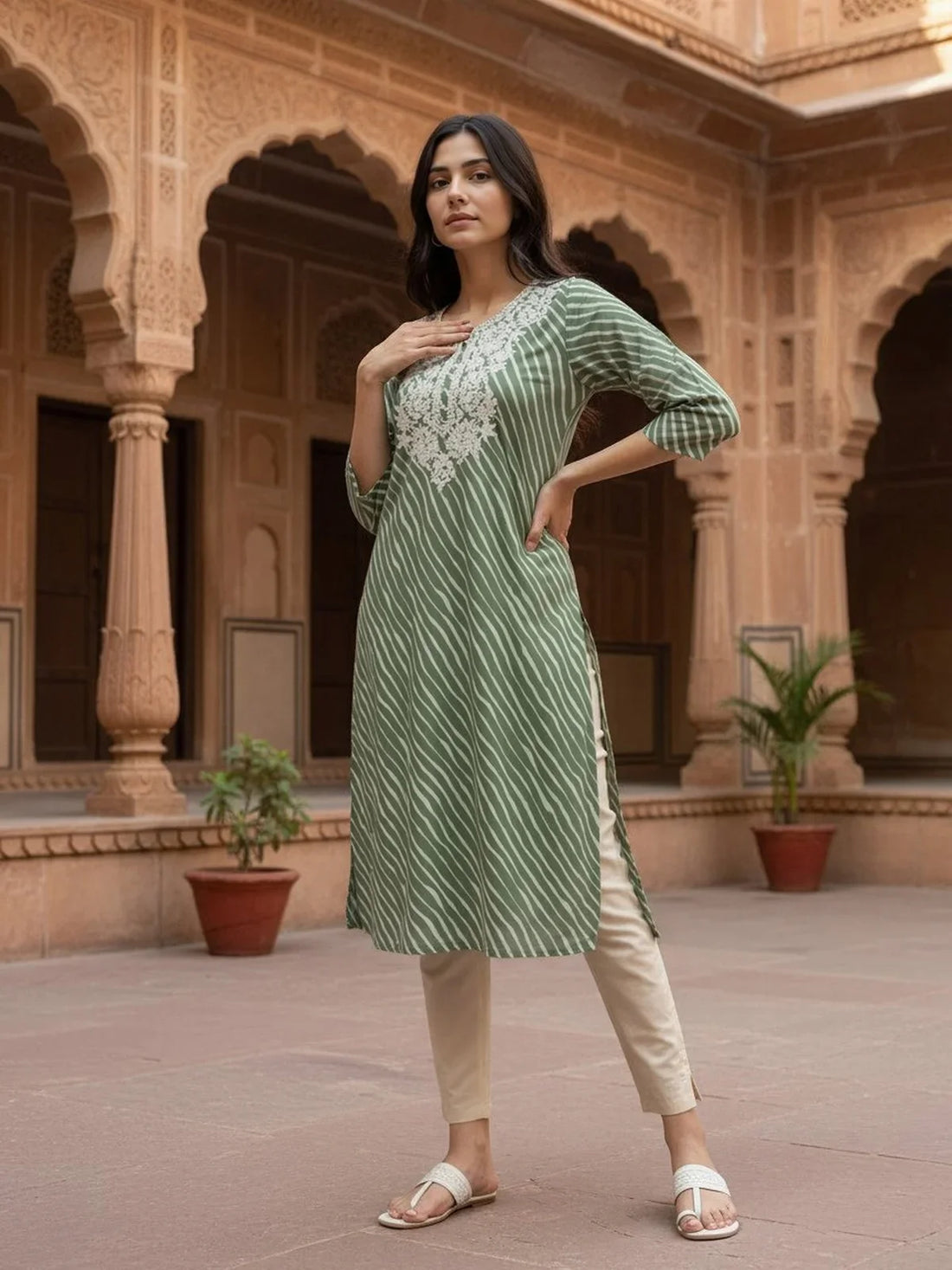 Buy Cotton Embroidered Straight Calf Length Kurta-Green