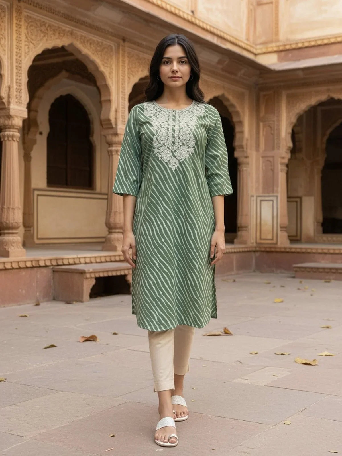 Buy Cotton Embroidered Straight Calf Length Kurta-Green