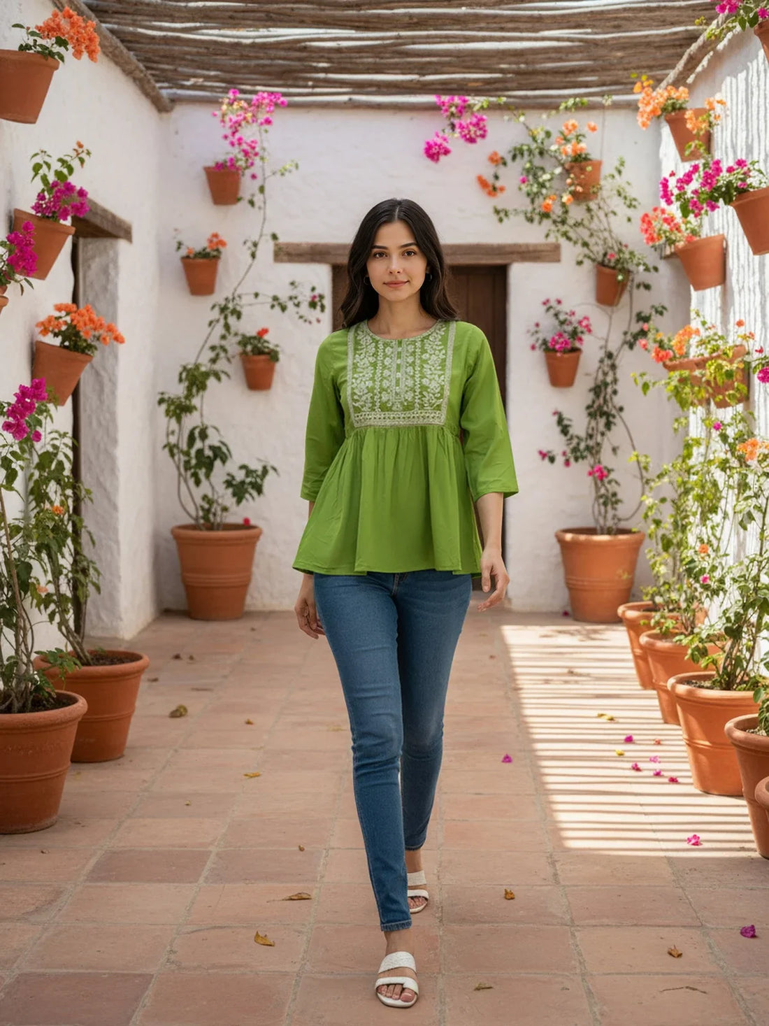 Buy Rayon Embroidered A-Line Short Length Short Kurta-Green