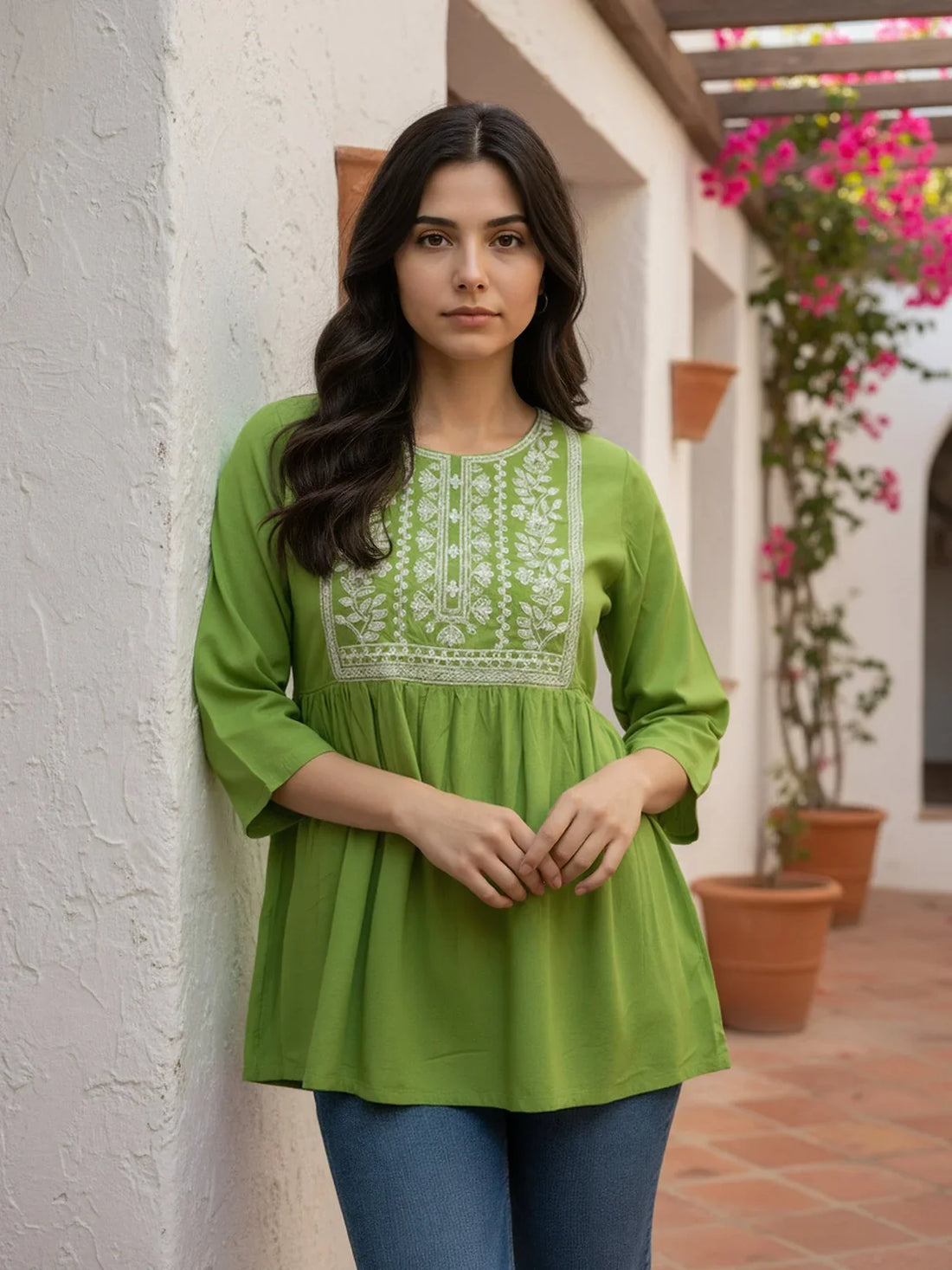 Buy Rayon Embroidered A-Line Short Length Short Kurta-Green