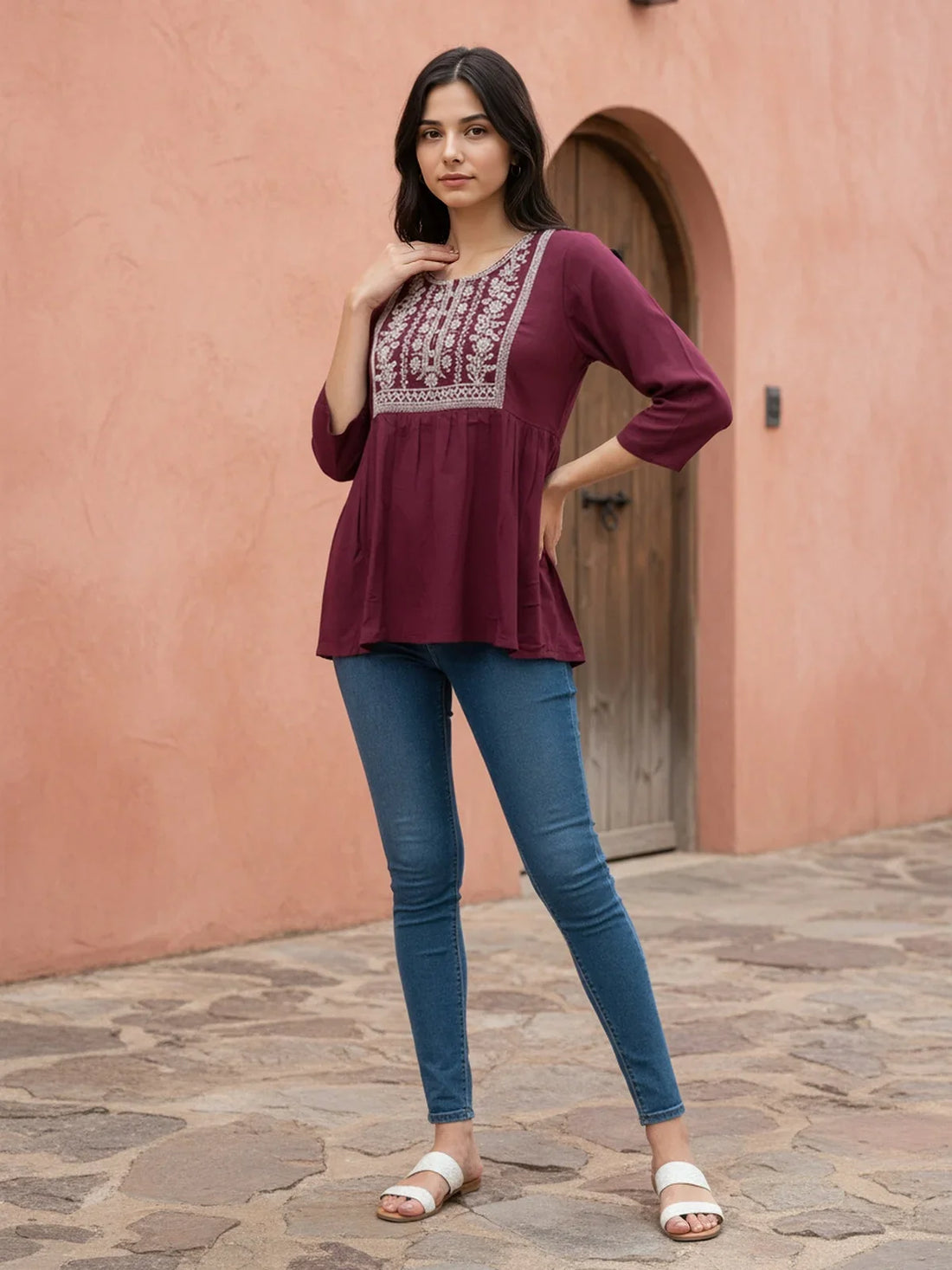 Buy Rayon Embroidered A-Line Short Length Short Kurta-Wine