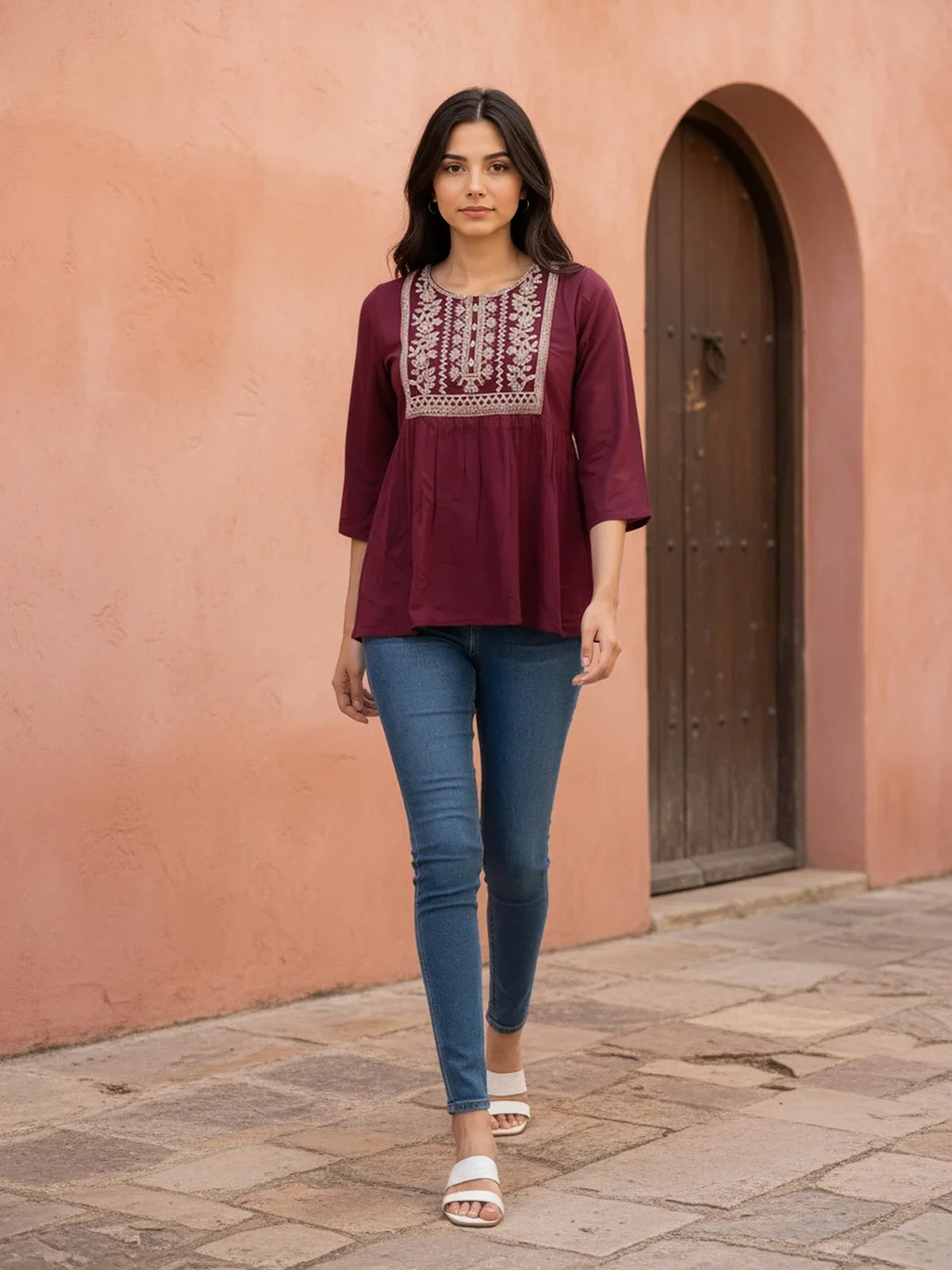 Buy Rayon Embroidered A-Line Short Length Short Kurta-Wine