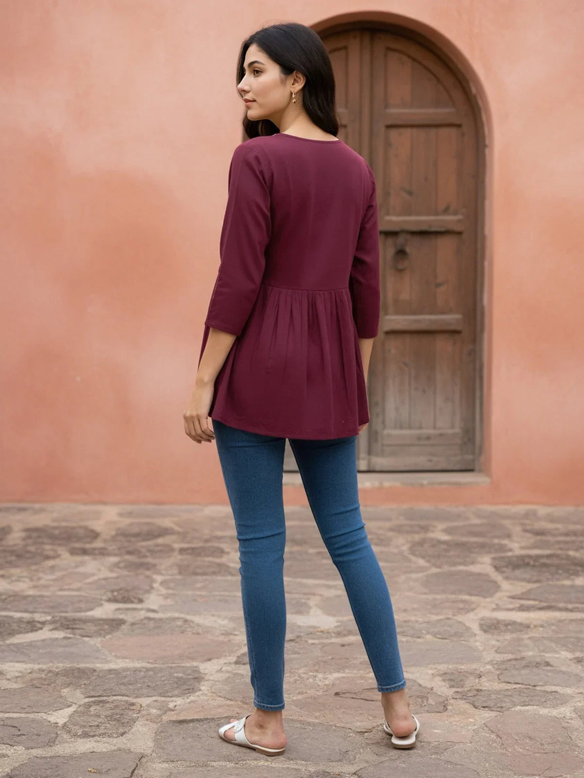 Buy Rayon Embroidered A-Line Short Length Short Kurta-Wine