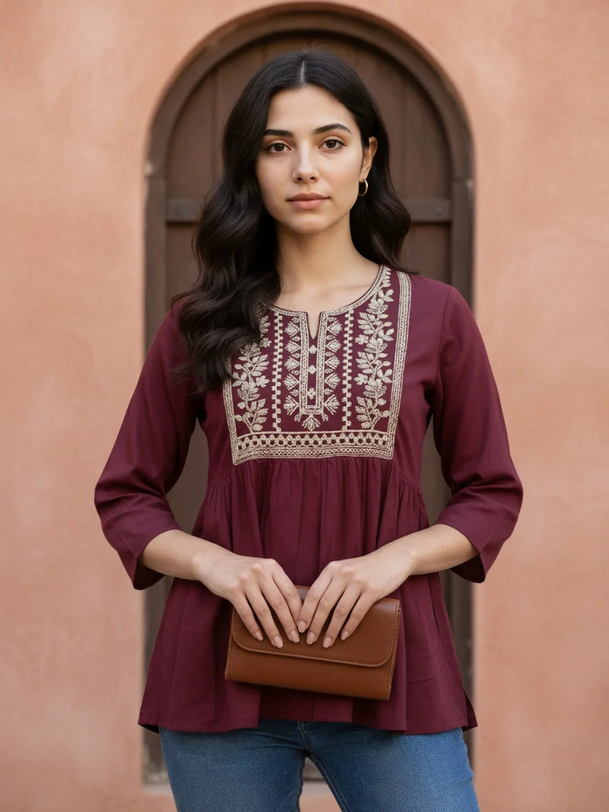Buy Rayon Embroidered A-Line Short Length Short Kurta-Wine