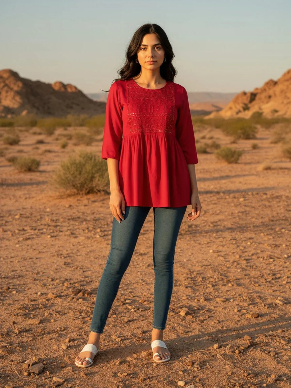 Buy Rayon Embroidered A-Line Short Length Short Kurta-Red