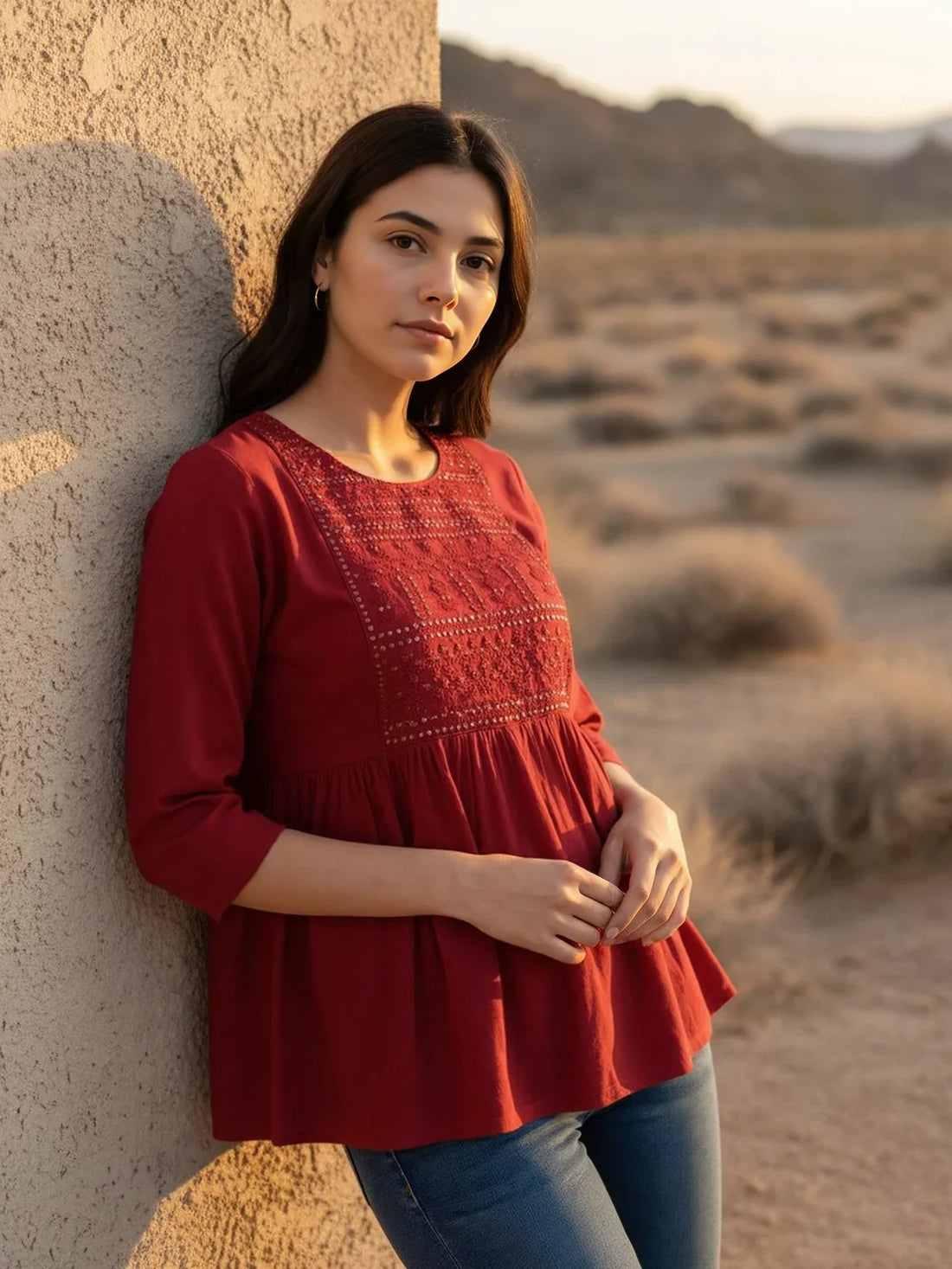 Buy Rayon Embroidered A-Line Short Length Short Kurta-Red