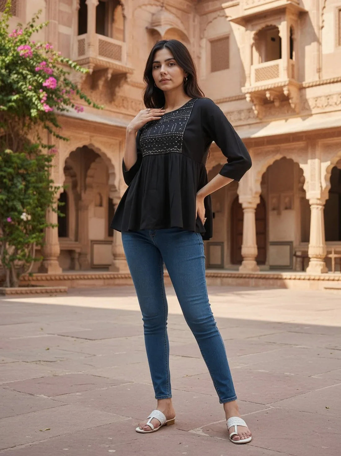 Buy Rayon Embroidered A-Line Short Length Short Kurta-Black