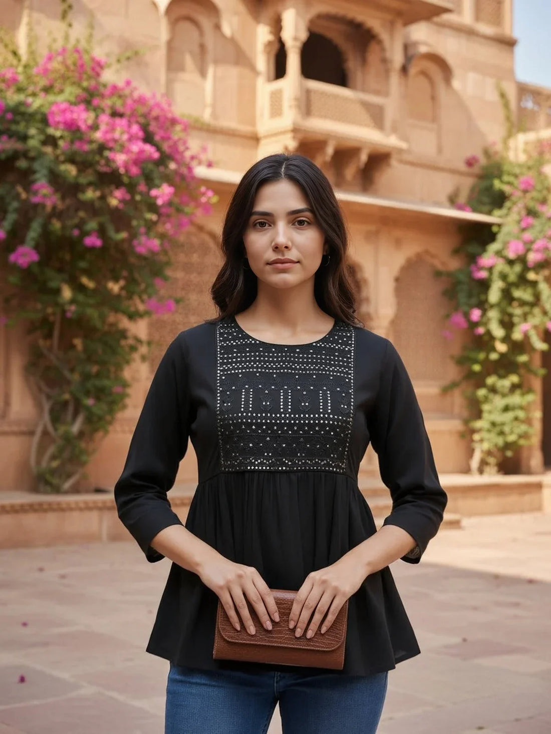 Buy Rayon Embroidered A-Line Short Length Short Kurta-Black