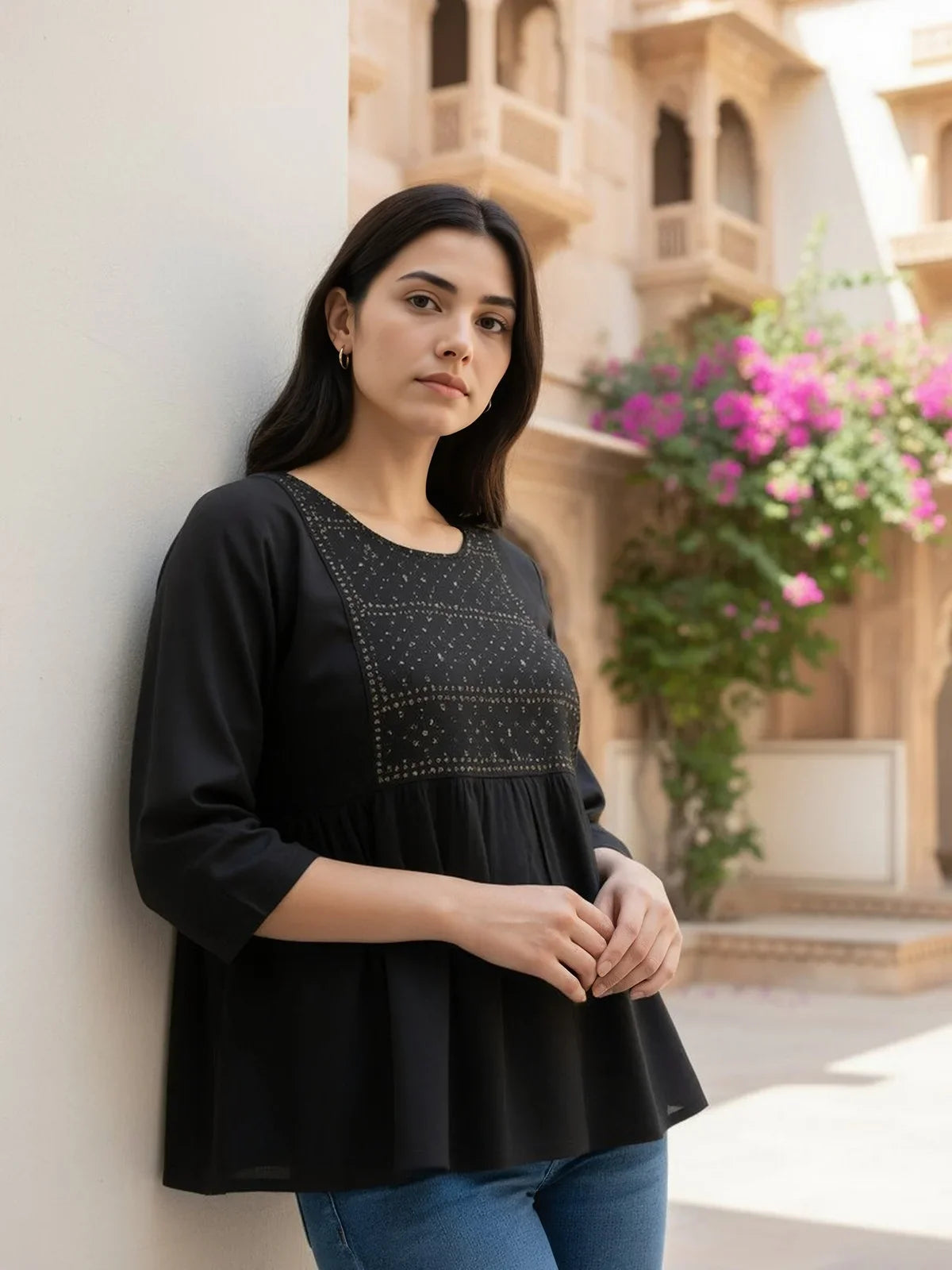 Buy Rayon Embroidered A-Line Short Length Short Kurta-Black