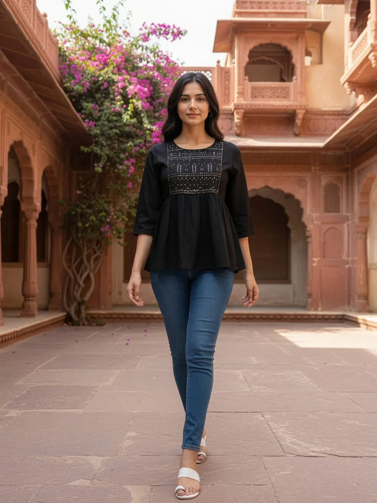 Buy Rayon Embroidered A-Line Short Length Short Kurta-Black