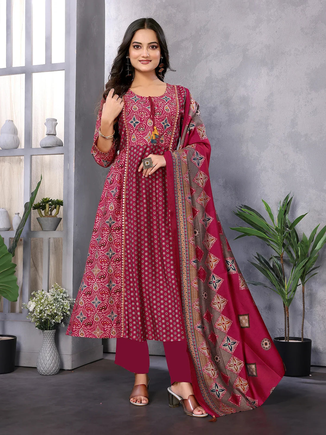 Buy Silk Blend Embroidered Calf Length Flared Kurta with Pant and Dupatta-Red