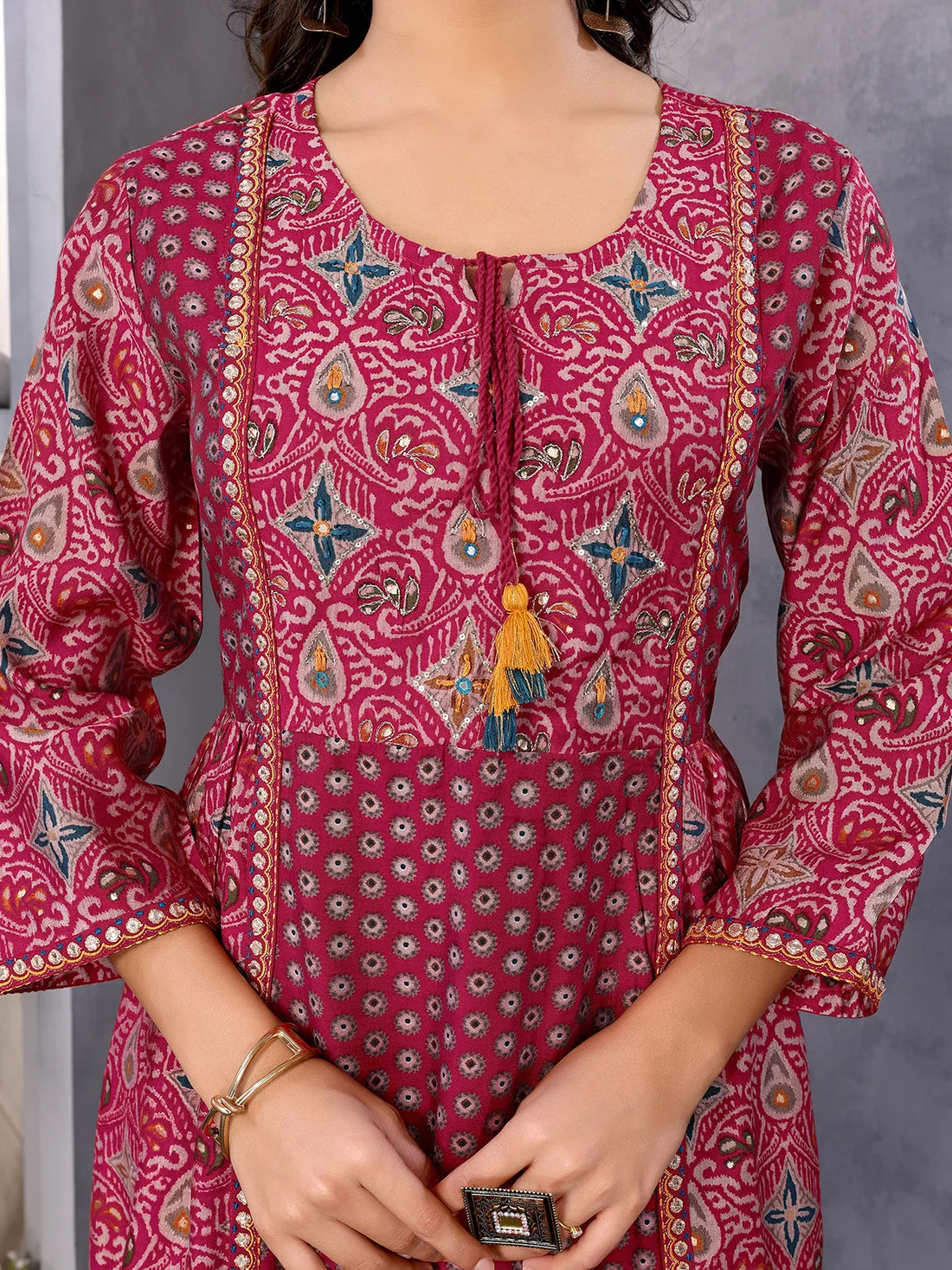 Buy Silk Blend Embroidered Calf Length Flared Kurta with Pant and Dupatta-Red