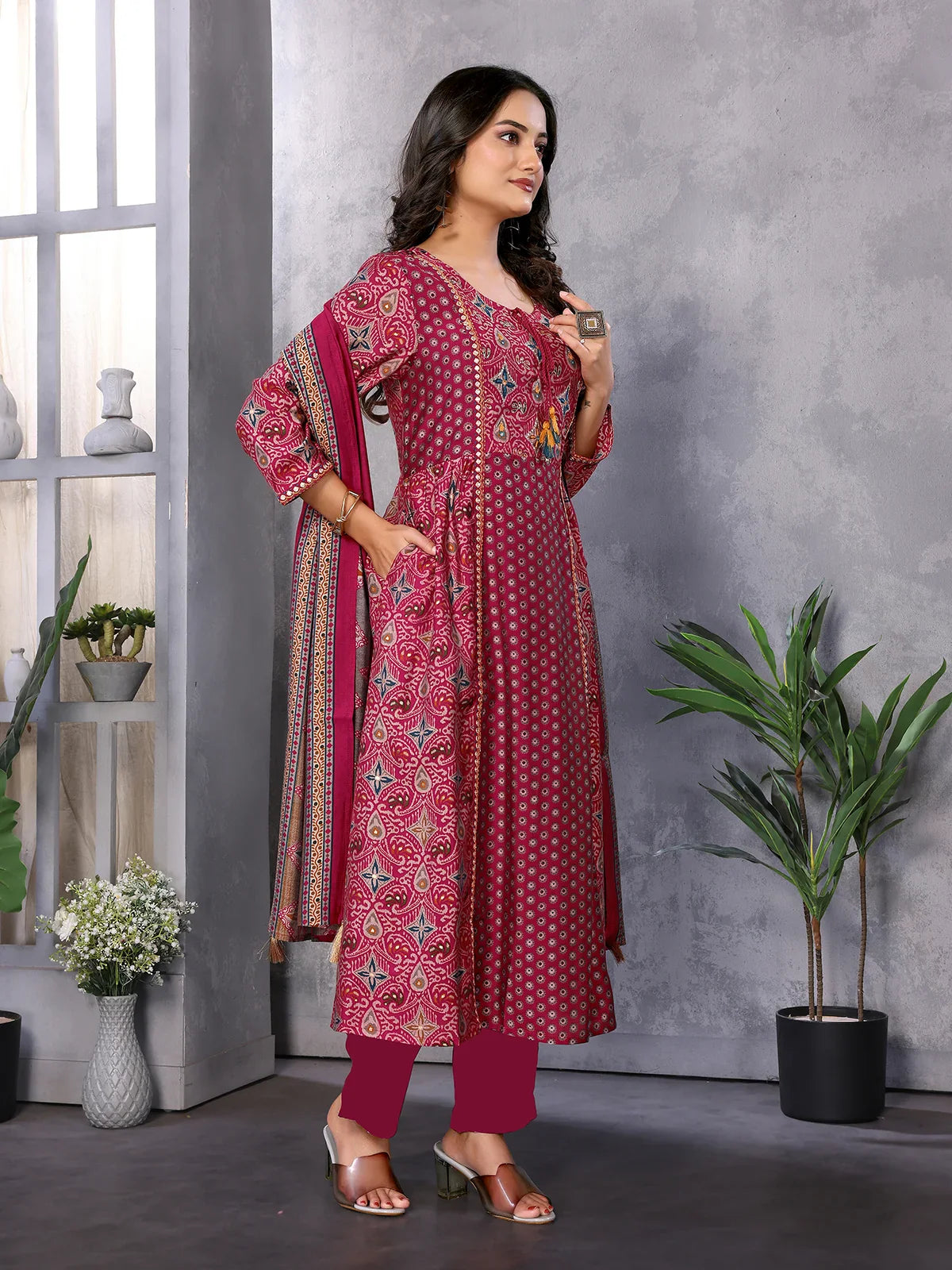 Buy Silk Blend Embroidered Calf Length Flared Kurta with Pant and Dupatta-Red