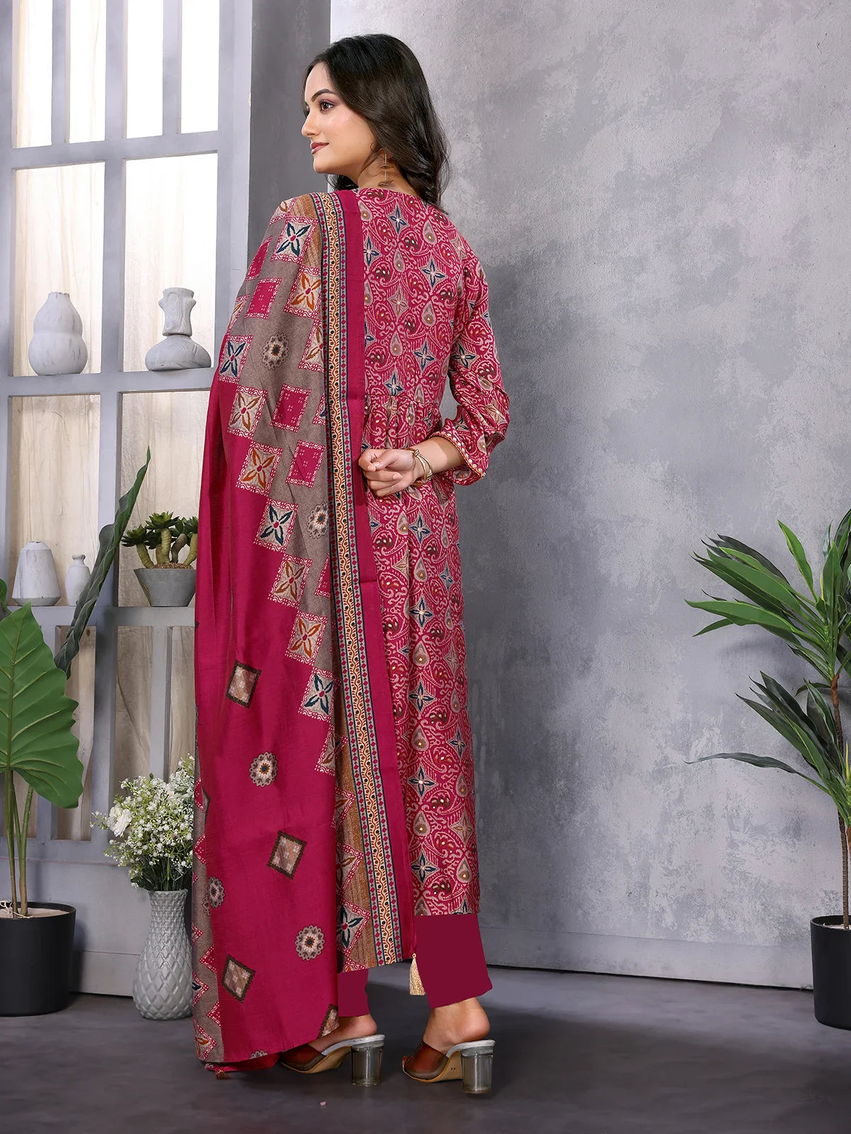 Buy Silk Blend Embroidered Calf Length Flared Kurta with Pant and Dupatta-Red