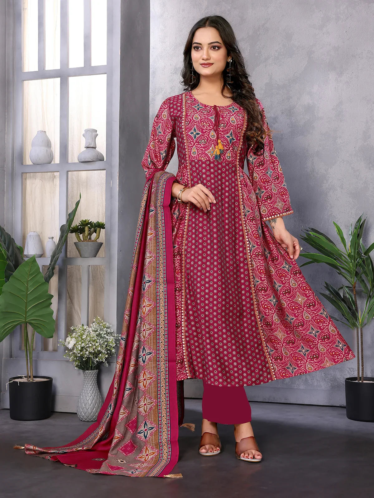 Buy Silk Blend Embroidered Calf Length Flared Kurta with Pant and Dupatta-Red