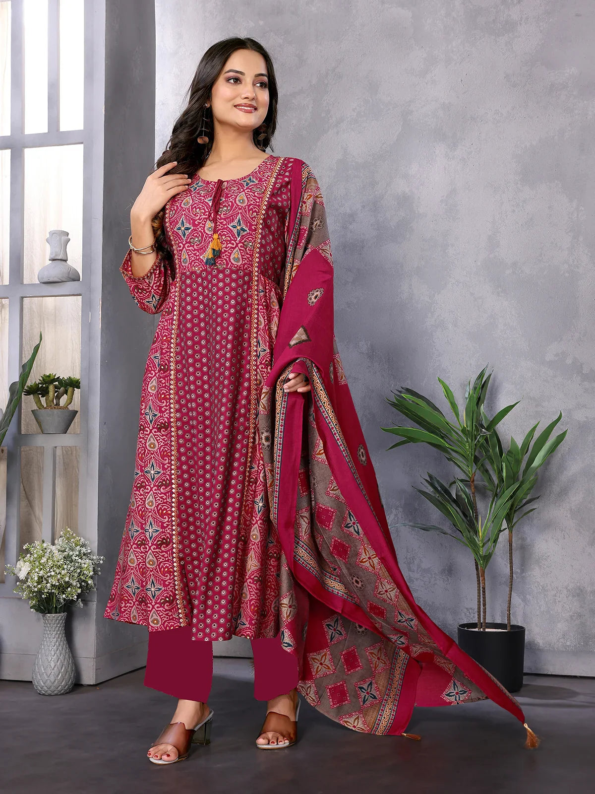 Buy Silk Blend Embroidered Calf Length Flared Kurta with Pant and Dupatta-Red