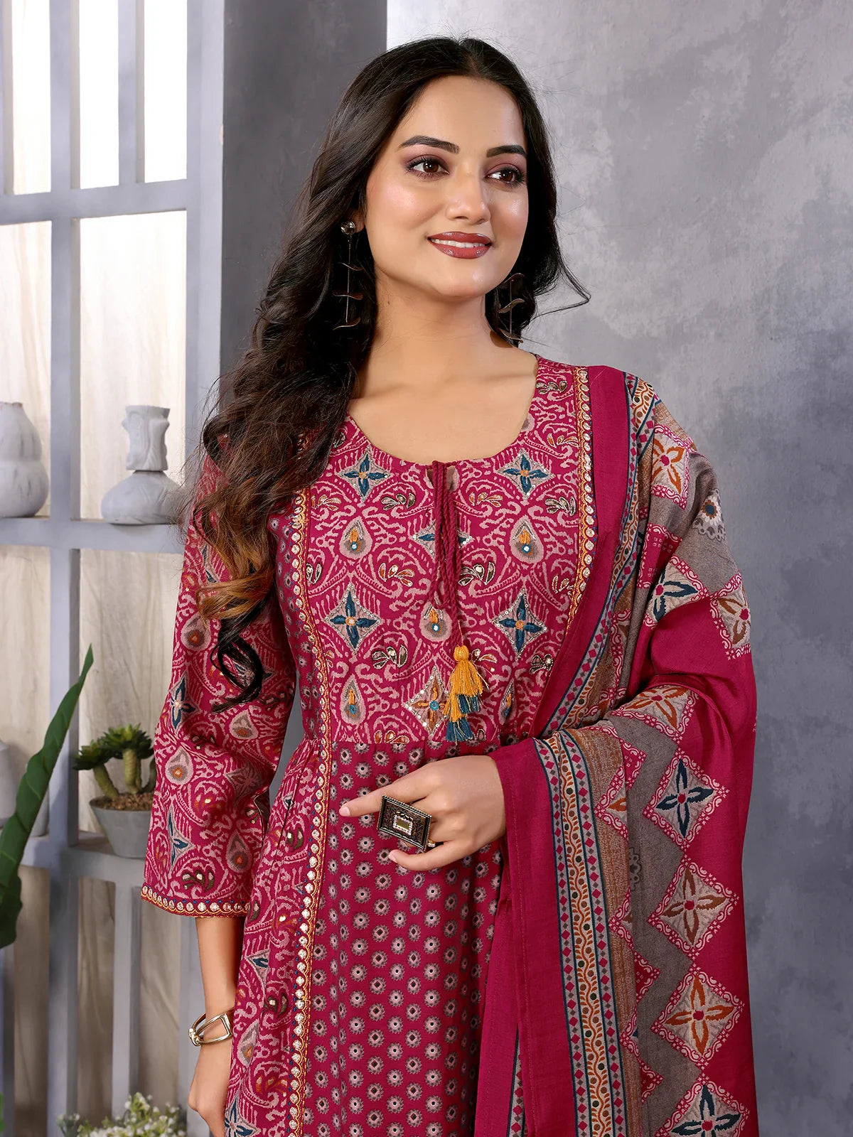 Buy Silk Blend Embroidered Calf Length Flared Kurta with Pant and Dupatta-Red