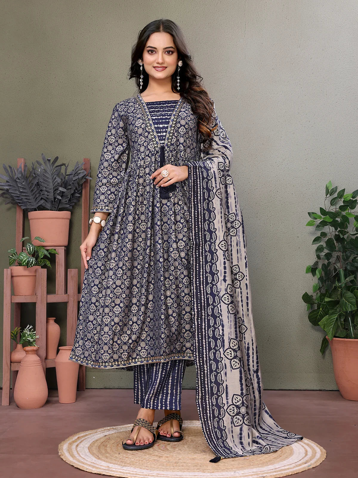 Buy Silk Blend Embroidered Calf Length Flared Kurta with Pant and Dupatta-Blue