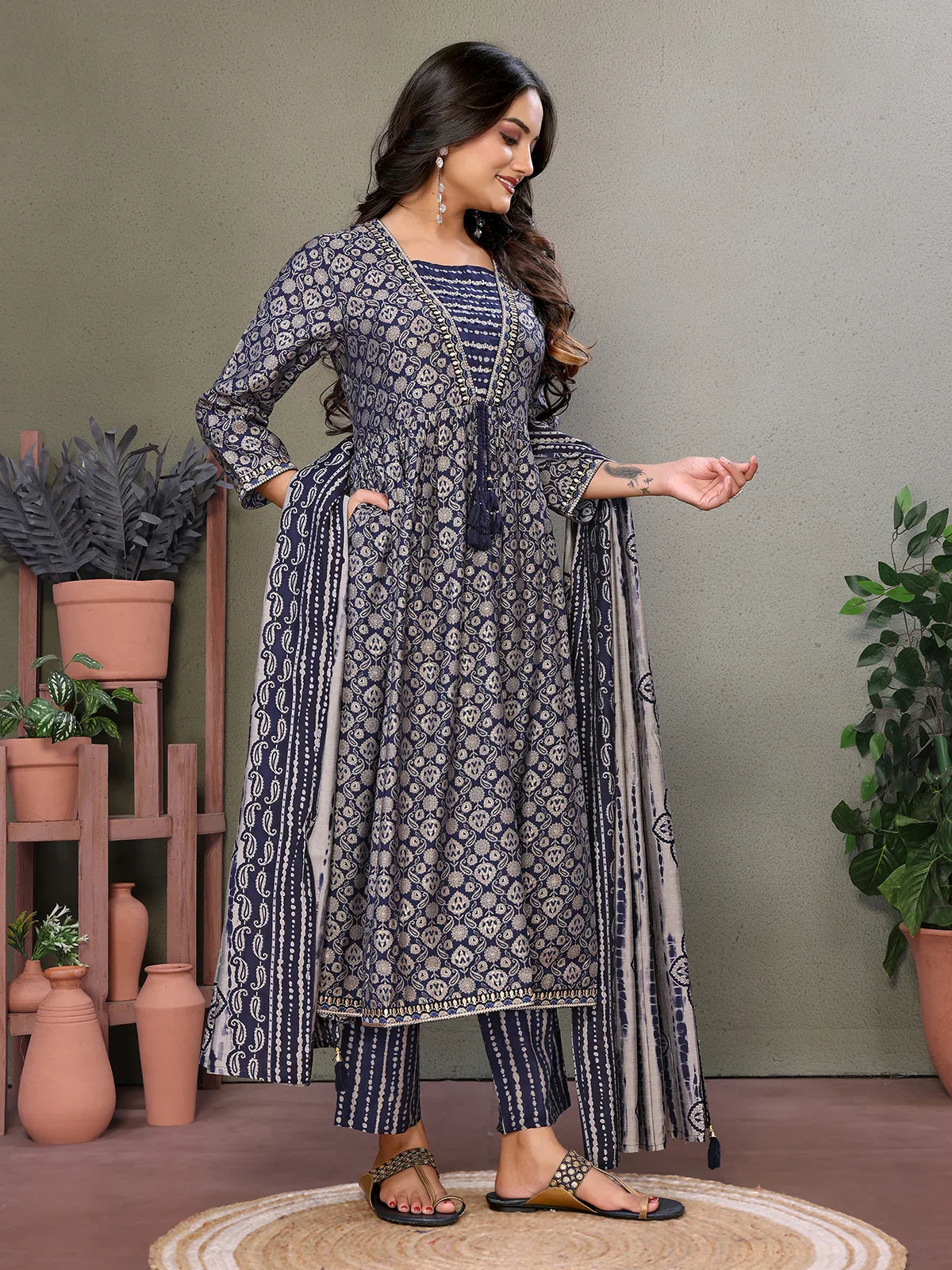 Buy Silk Blend Embroidered Calf Length Flared Kurta with Pant and Dupatta-Blue