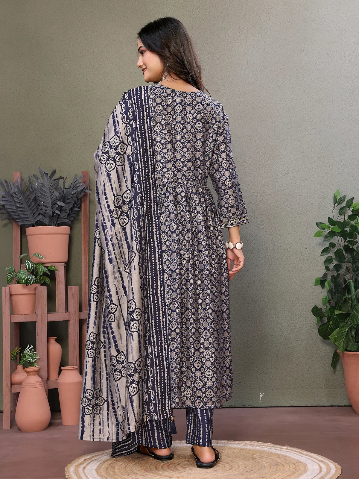 Buy Silk Blend Embroidered Calf Length Flared Kurta with Pant and Dupatta-Blue