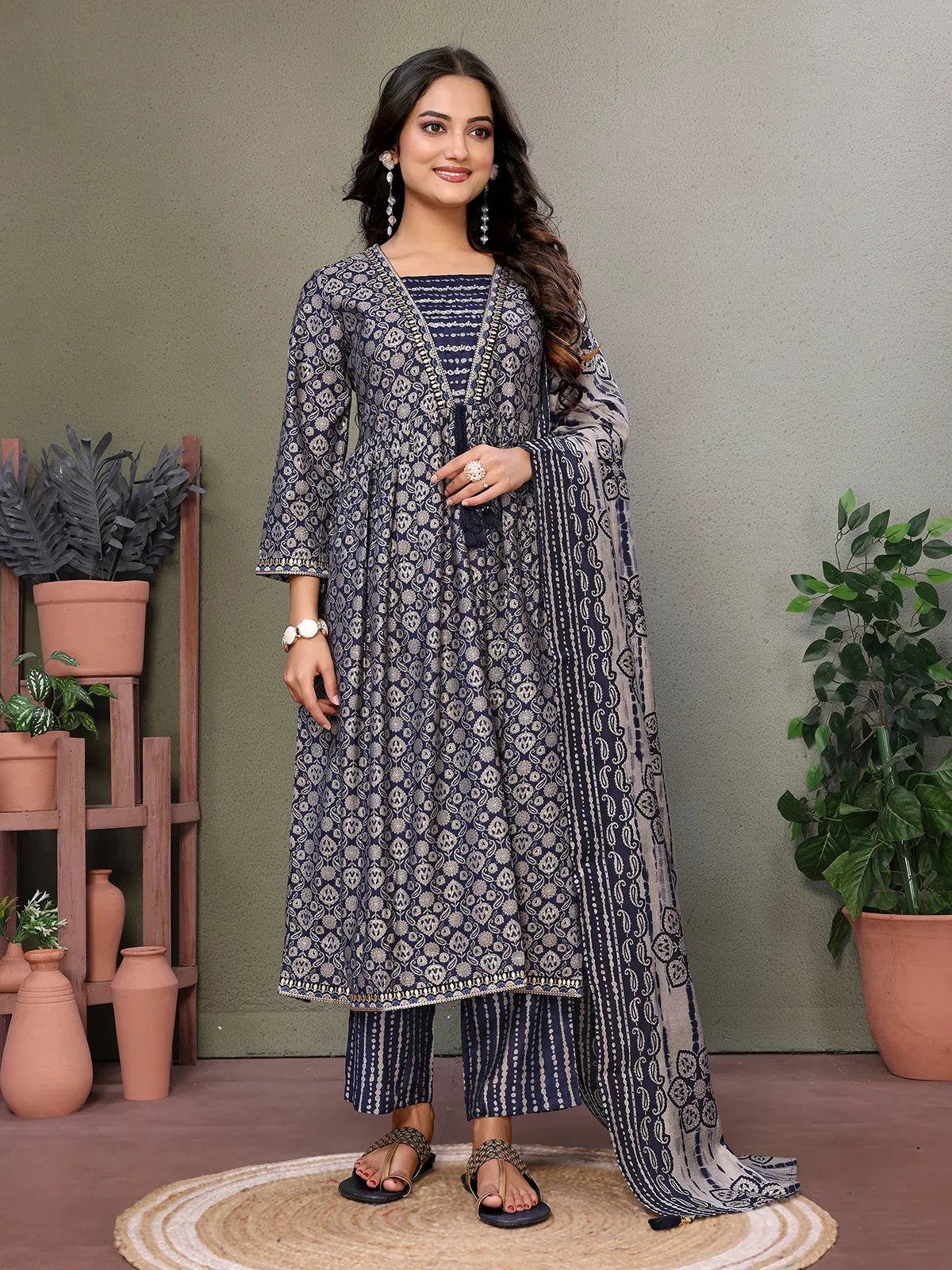 Buy Silk Blend Embroidered Calf Length Flared Kurta with Pant and Dupatta-Blue