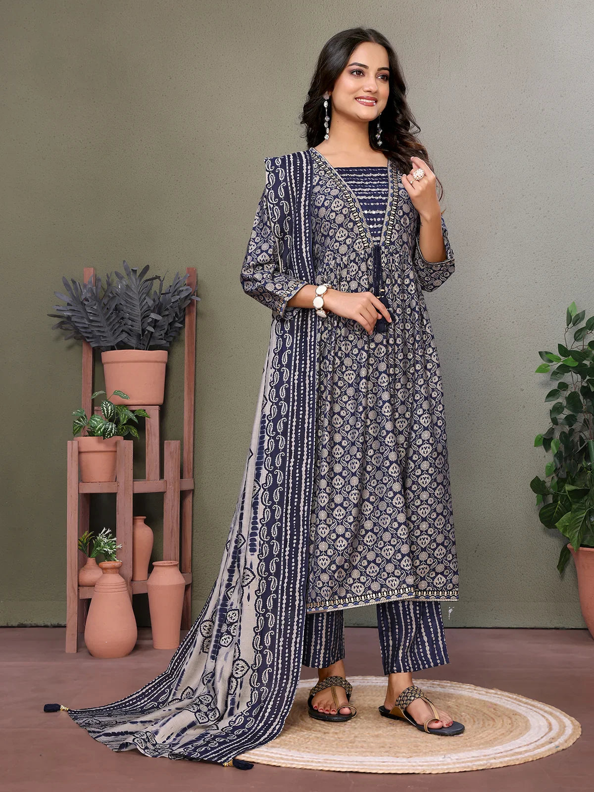 Buy Silk Blend Embroidered Calf Length Flared Kurta with Pant and Dupatta-Blue