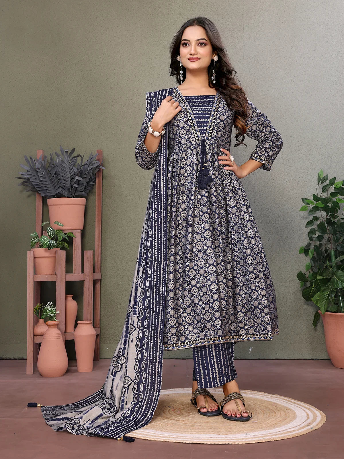 Buy Silk Blend Embroidered Calf Length Flared Kurta with Pant and Dupatta-Blue