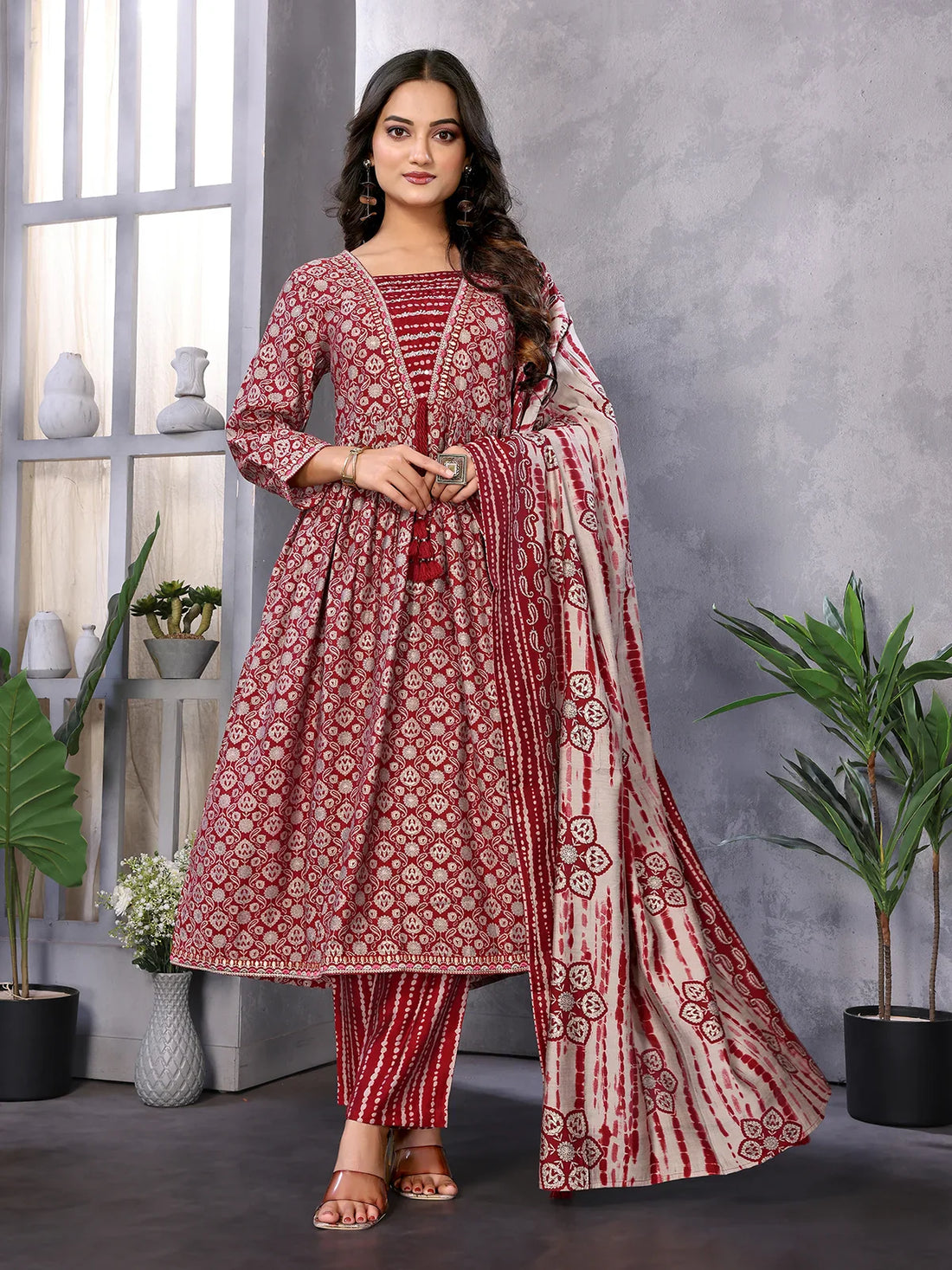 Buy Silk Blend Embroidered Calf Length Flared Kurta with Pant and Dupatta-Maroon