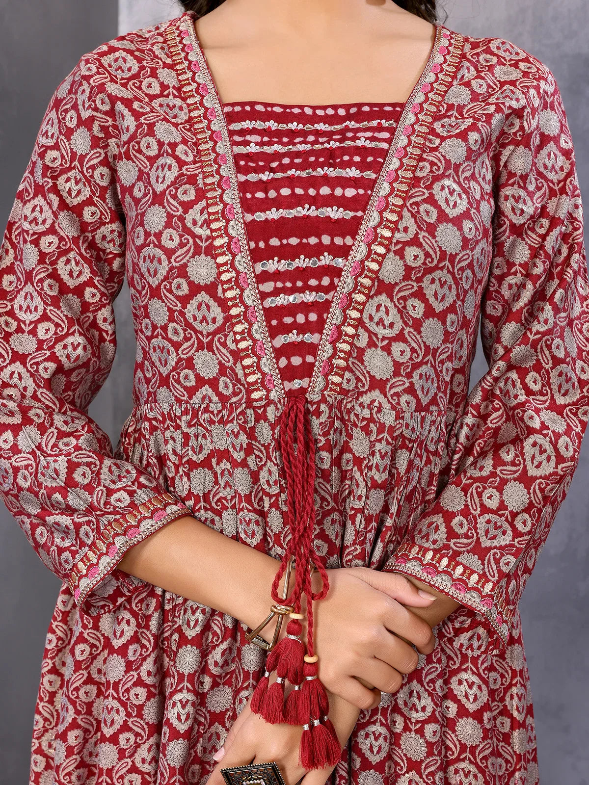 Buy Silk Blend Embroidered Calf Length Flared Kurta with Pant and Dupatta-Maroon