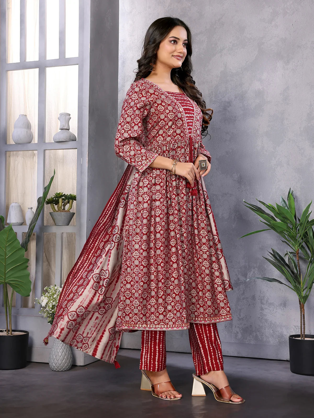 Buy Silk Blend Embroidered Calf Length Flared Kurta with Pant and Dupatta-Maroon