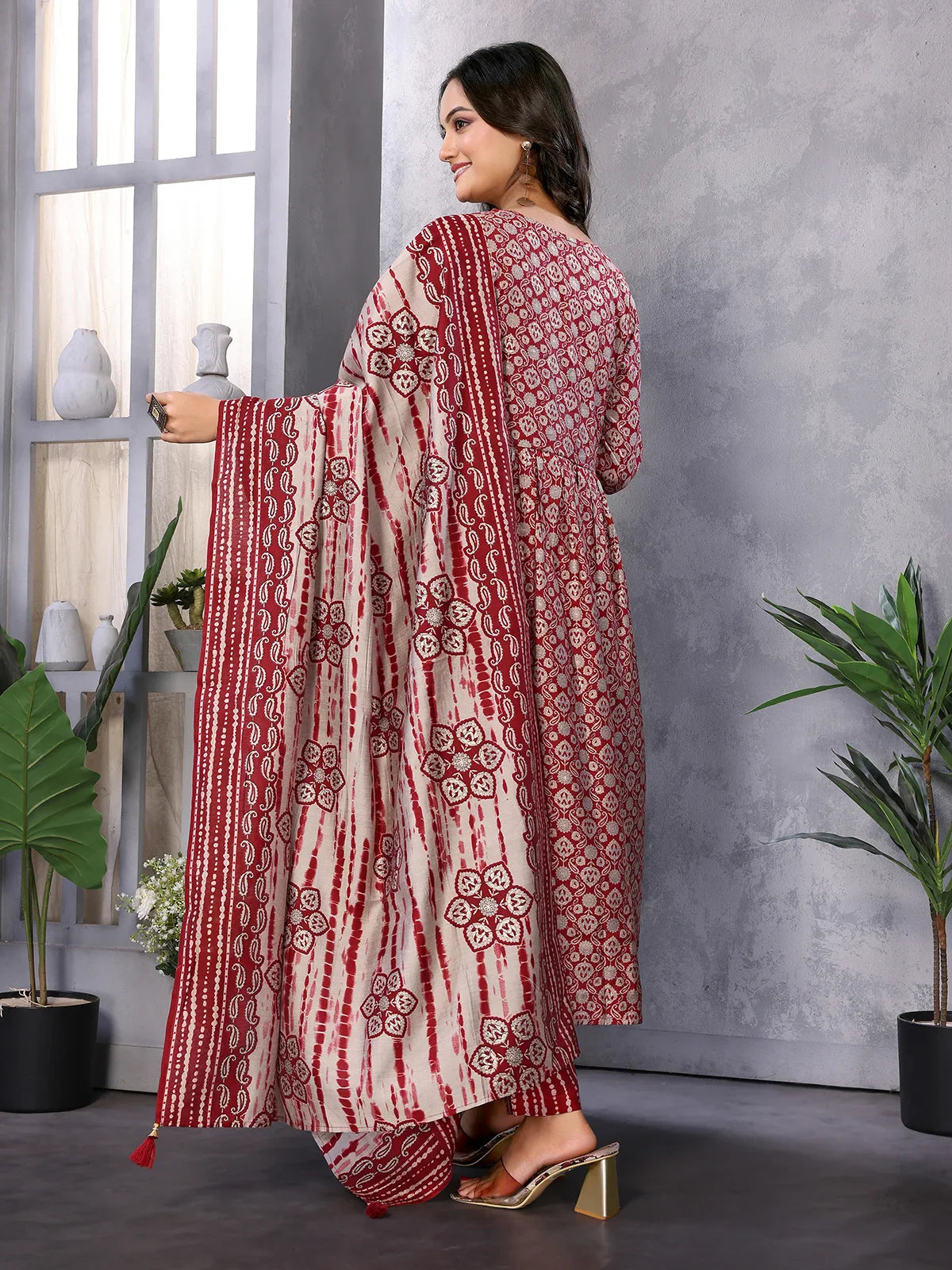 Buy Silk Blend Embroidered Calf Length Flared Kurta with Pant and Dupatta-Maroon