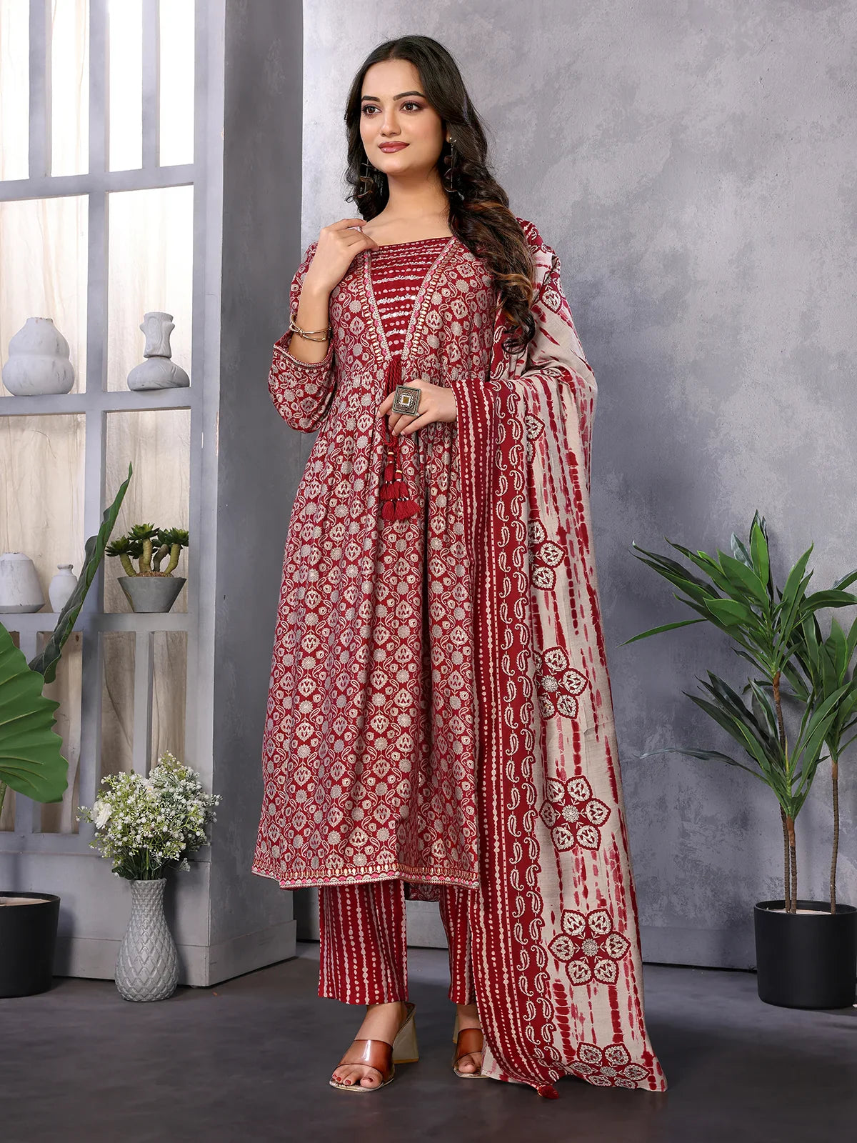 Buy Silk Blend Embroidered Calf Length Flared Kurta with Pant and Dupatta-Maroon