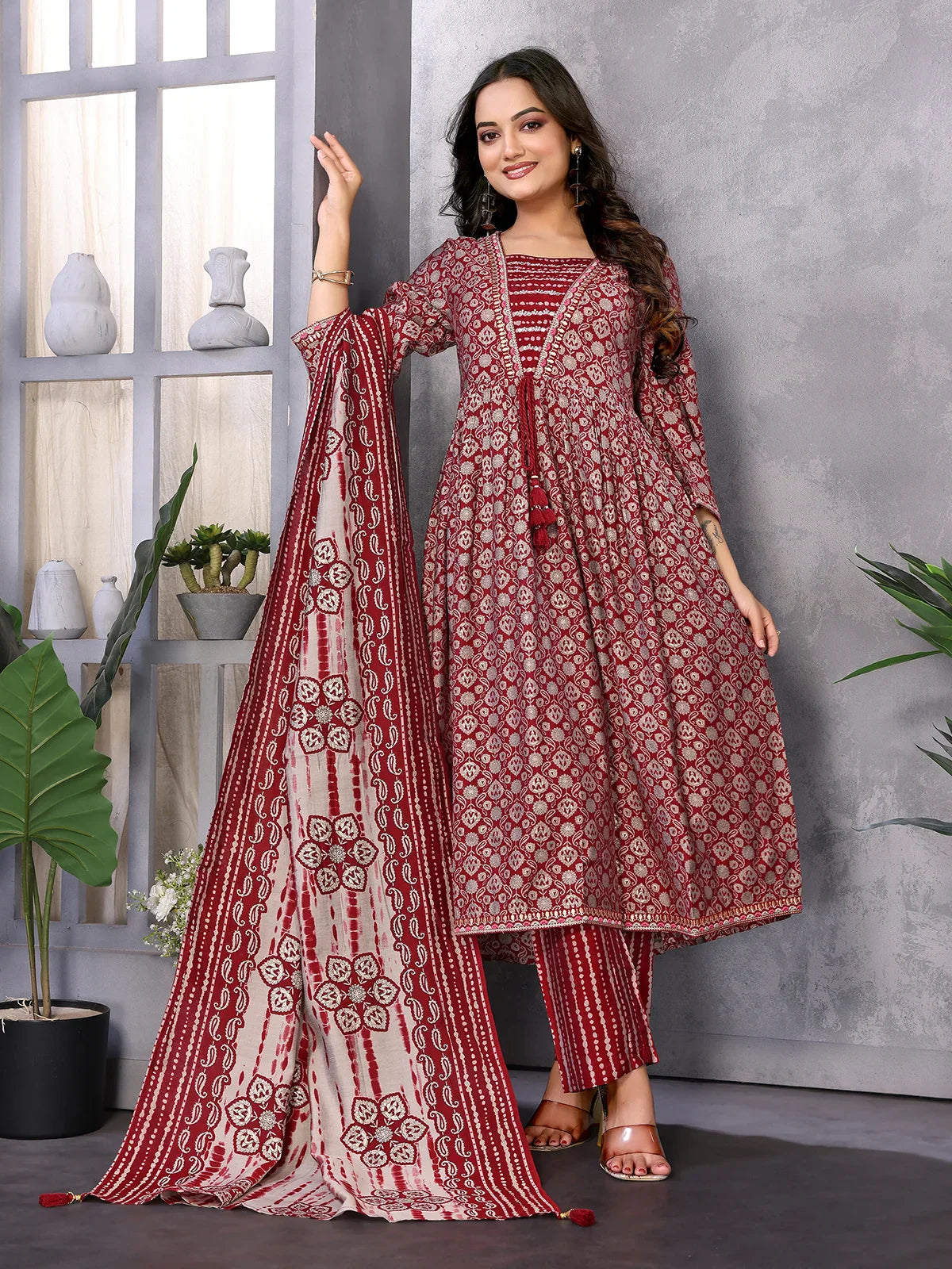 Buy Silk Blend Embroidered Calf Length Flared Kurta with Pant and Dupatta-Maroon