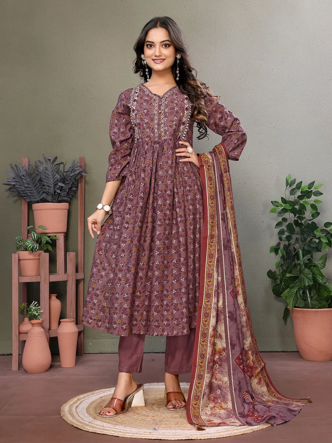 Buy Silk Blend Embroidered Calf Length Flared Kurta with Pant and Dupatta-Mauve