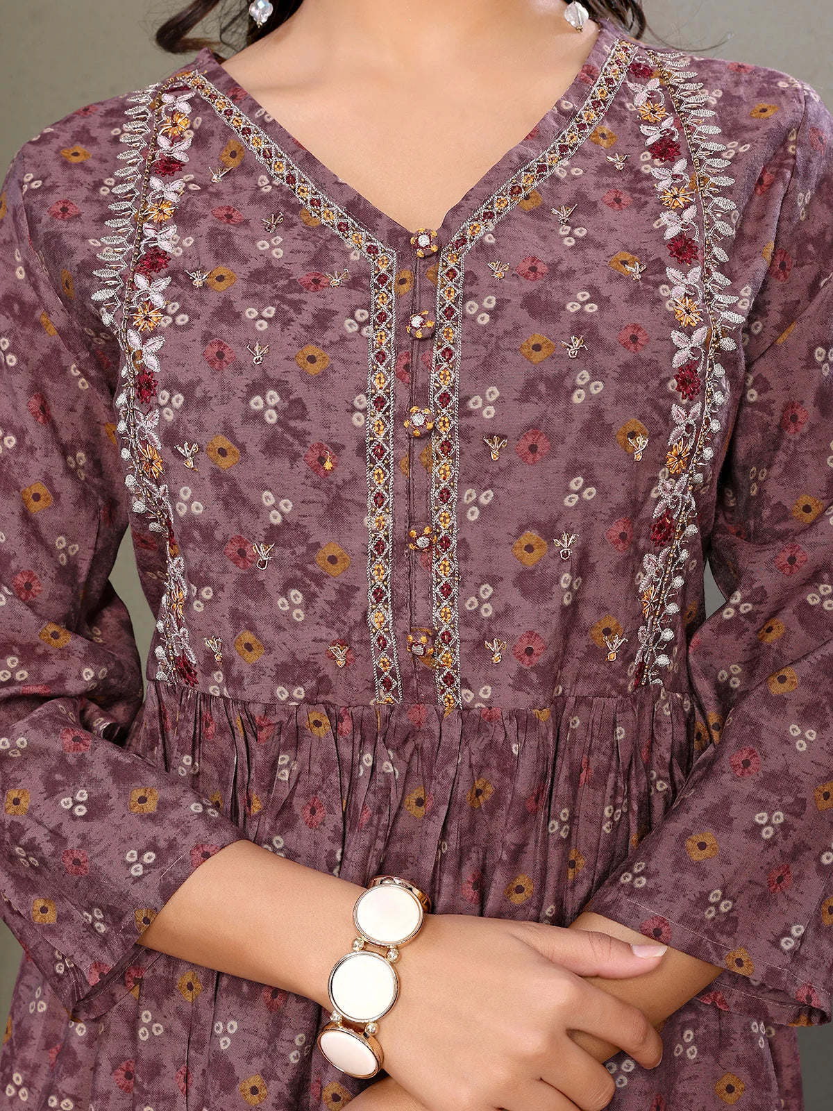 Buy Silk Blend Embroidered Calf Length Flared Kurta with Pant and Dupatta-Mauve