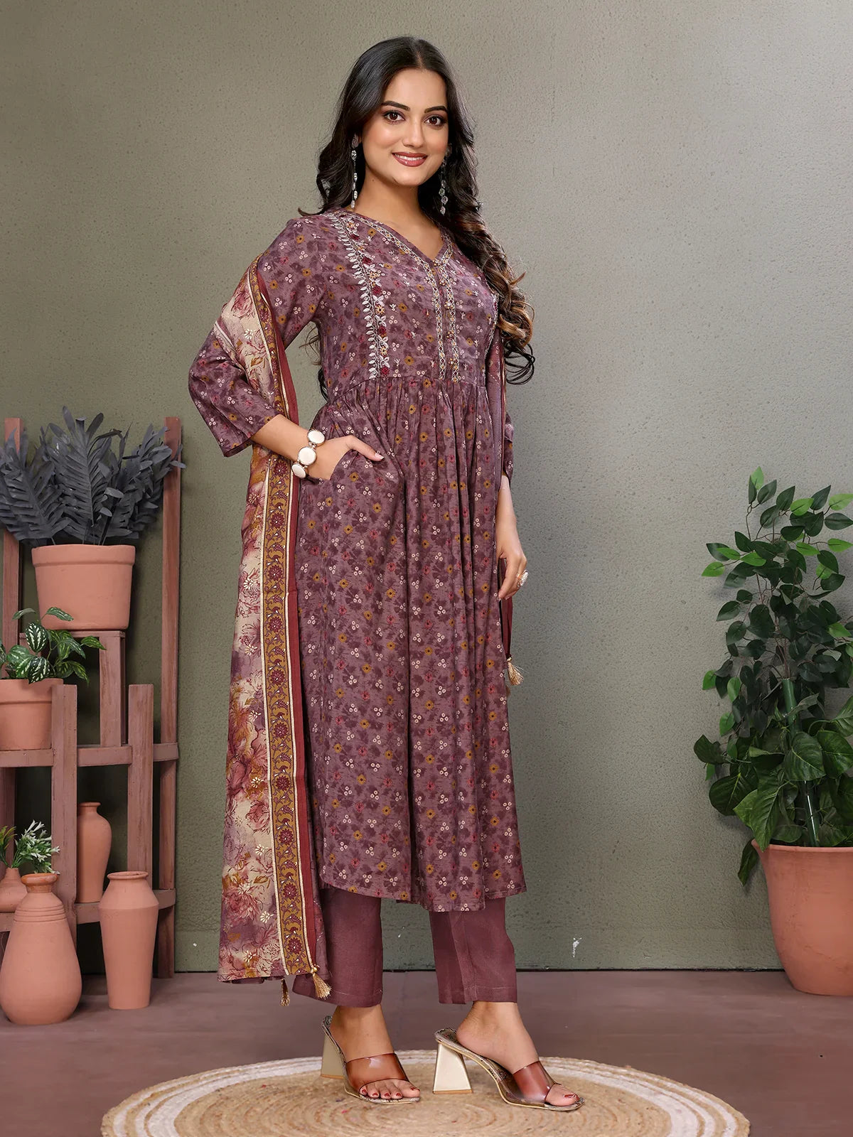 Buy Silk Blend Embroidered Calf Length Flared Kurta with Pant and Dupatta-Mauve