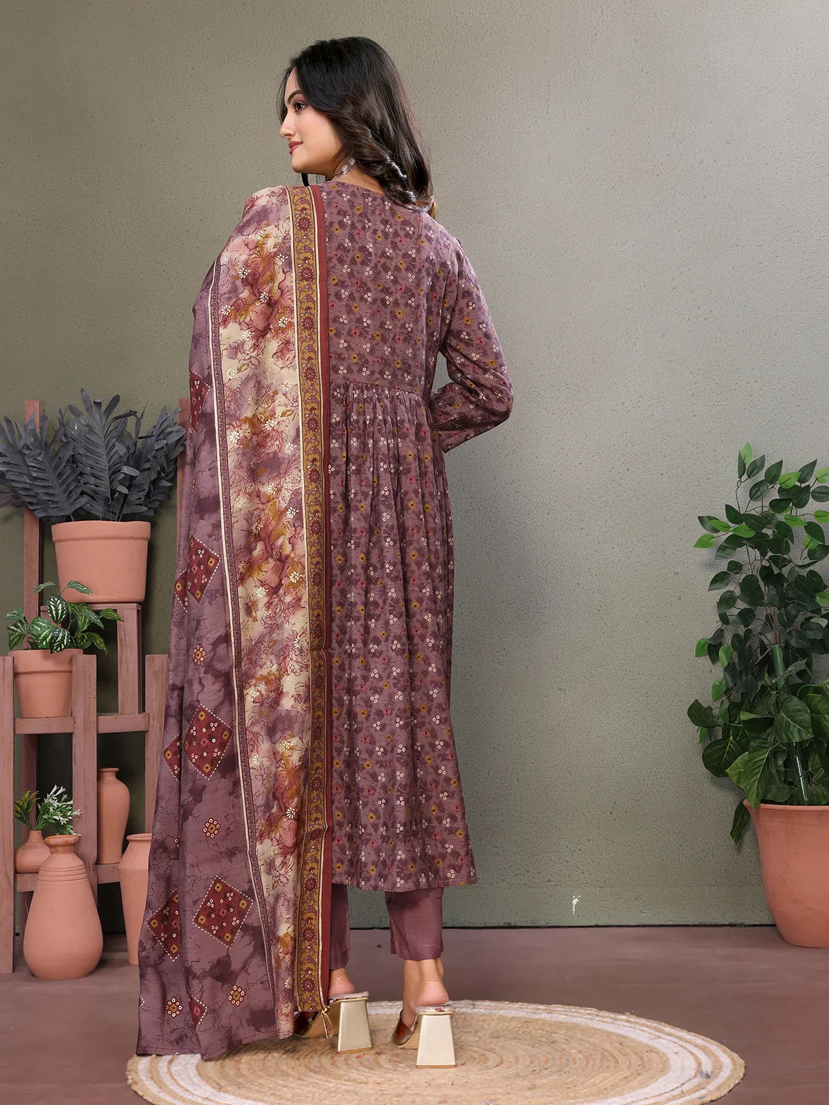 Buy Silk Blend Embroidered Calf Length Flared Kurta with Pant and Dupatta-Mauve