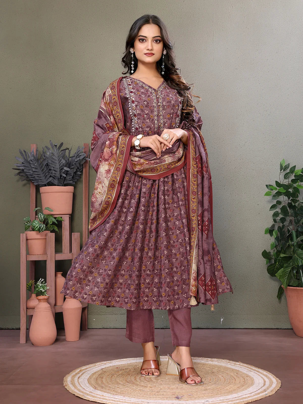 Buy Silk Blend Embroidered Calf Length Flared Kurta with Pant and Dupatta-Mauve