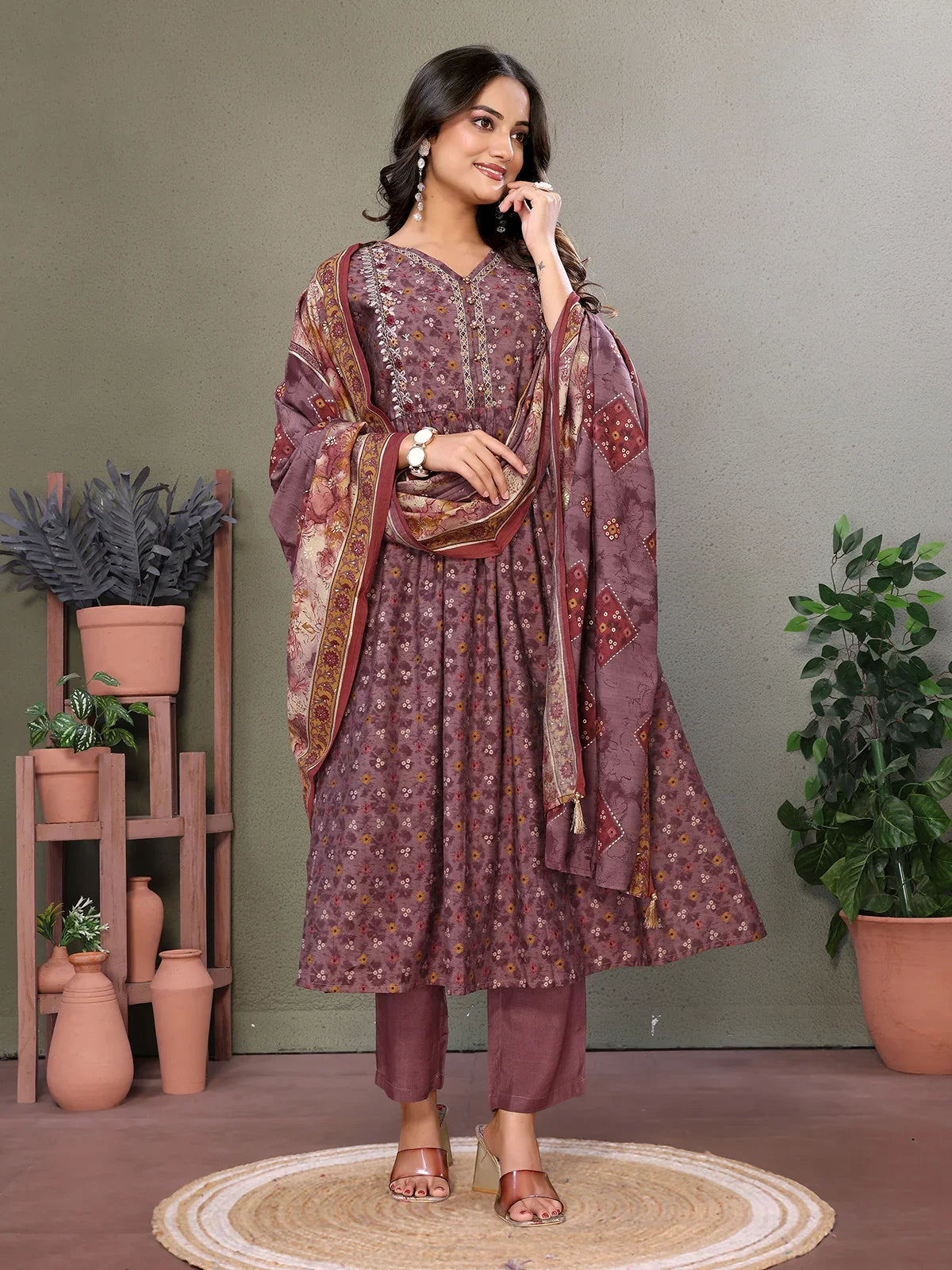 Buy Silk Blend Embroidered Calf Length Flared Kurta with Pant and Dupatta-Mauve